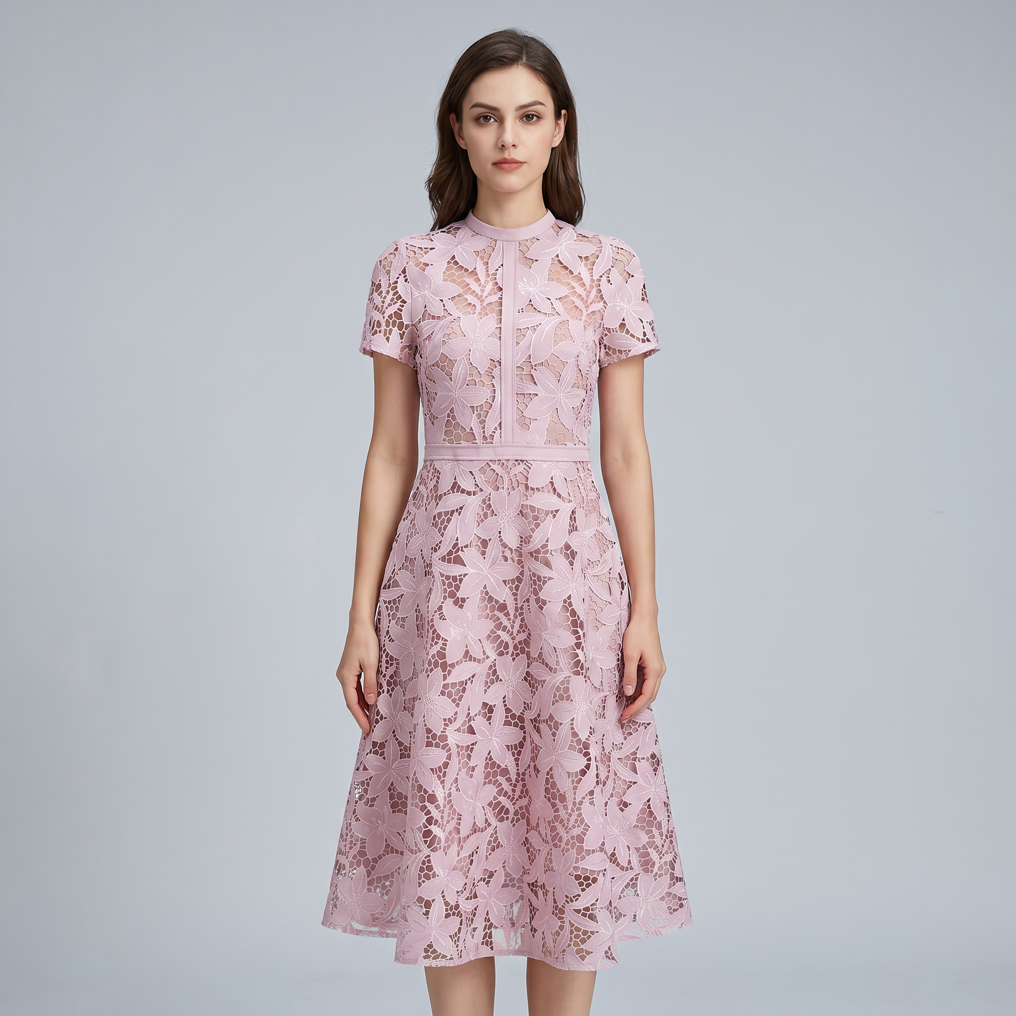 Chic Pink Lace Floral Occasion Midi Dress