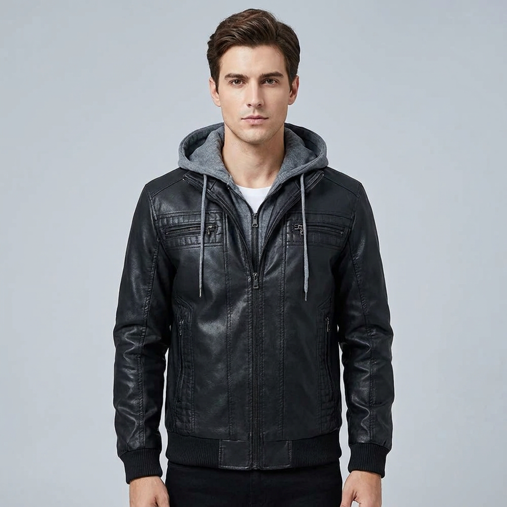 Men's Slim-Fit Leather Coat with Hood