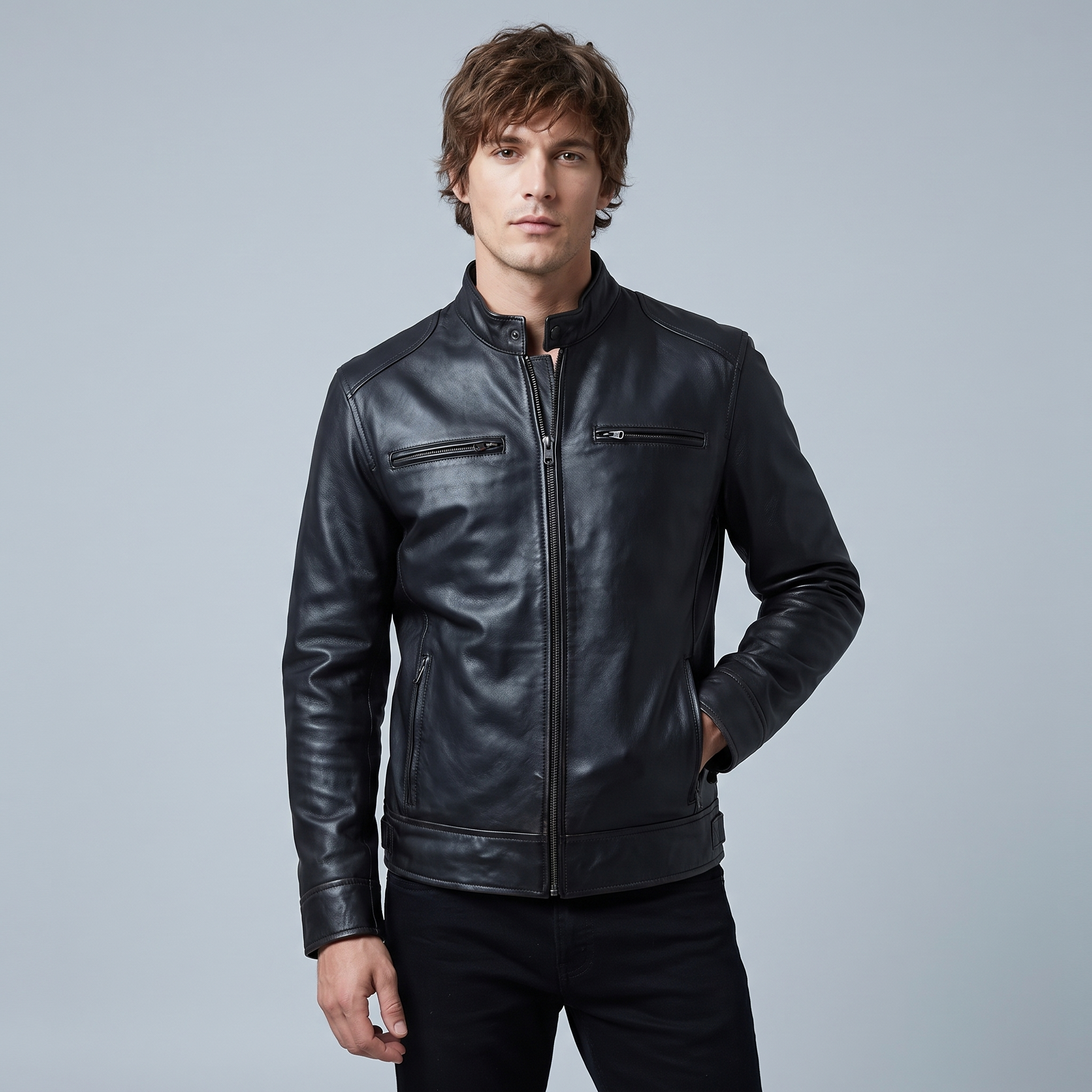 Men's Black Cafe Racer Slim-Fit Leather Jacket