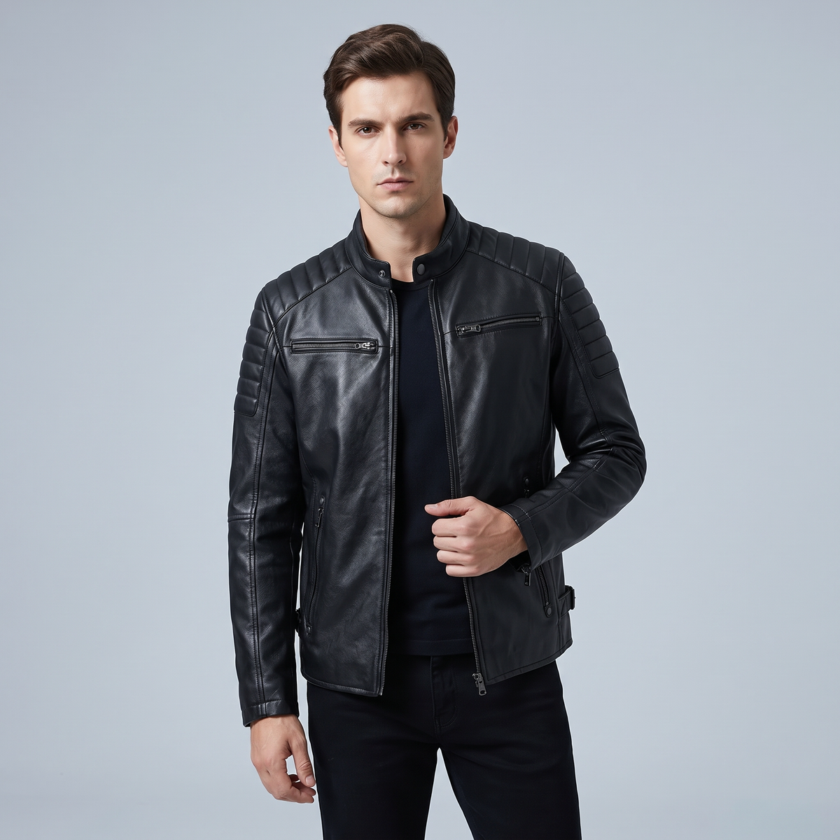 Fall Men's Black Leather Biker Jacket with Padded Shoulders