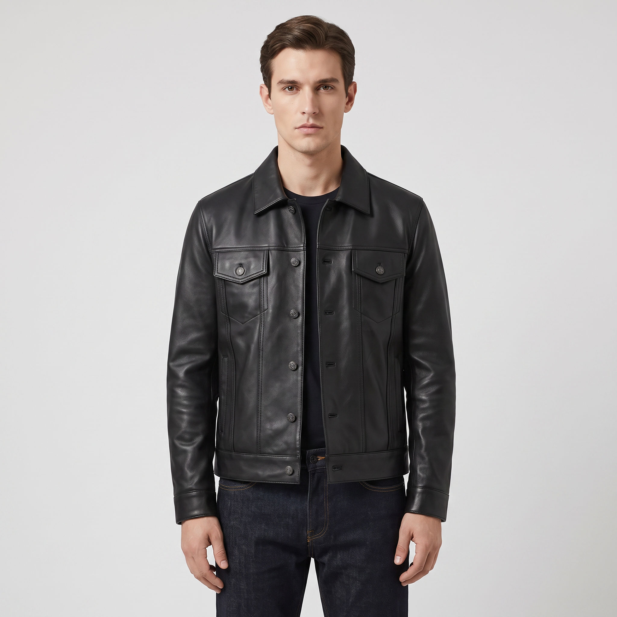 Men's Black Leather Trucker Jacket with Classic Collar