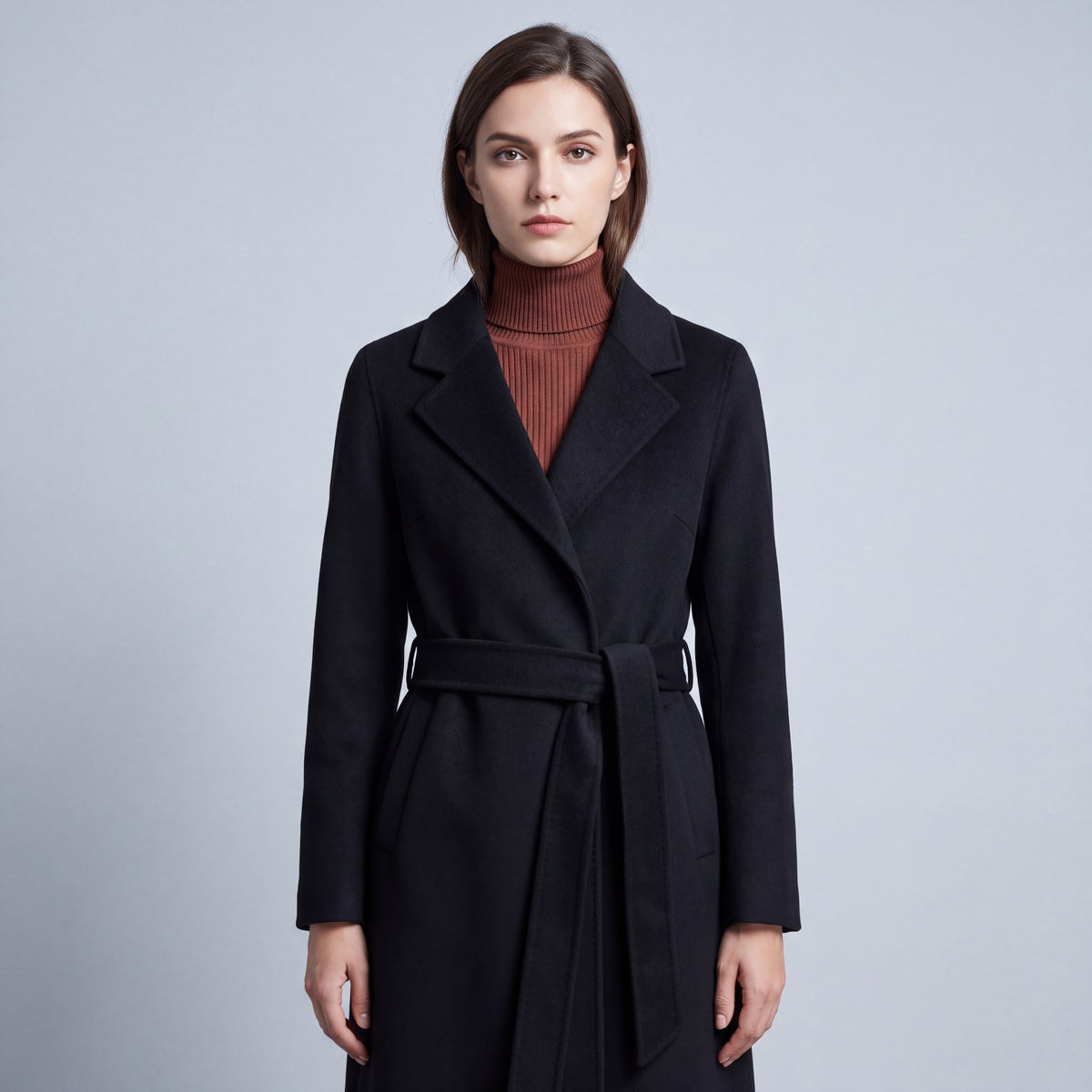Fall Women's Midi Length Wool Coat with Waist Belt | Outerwear