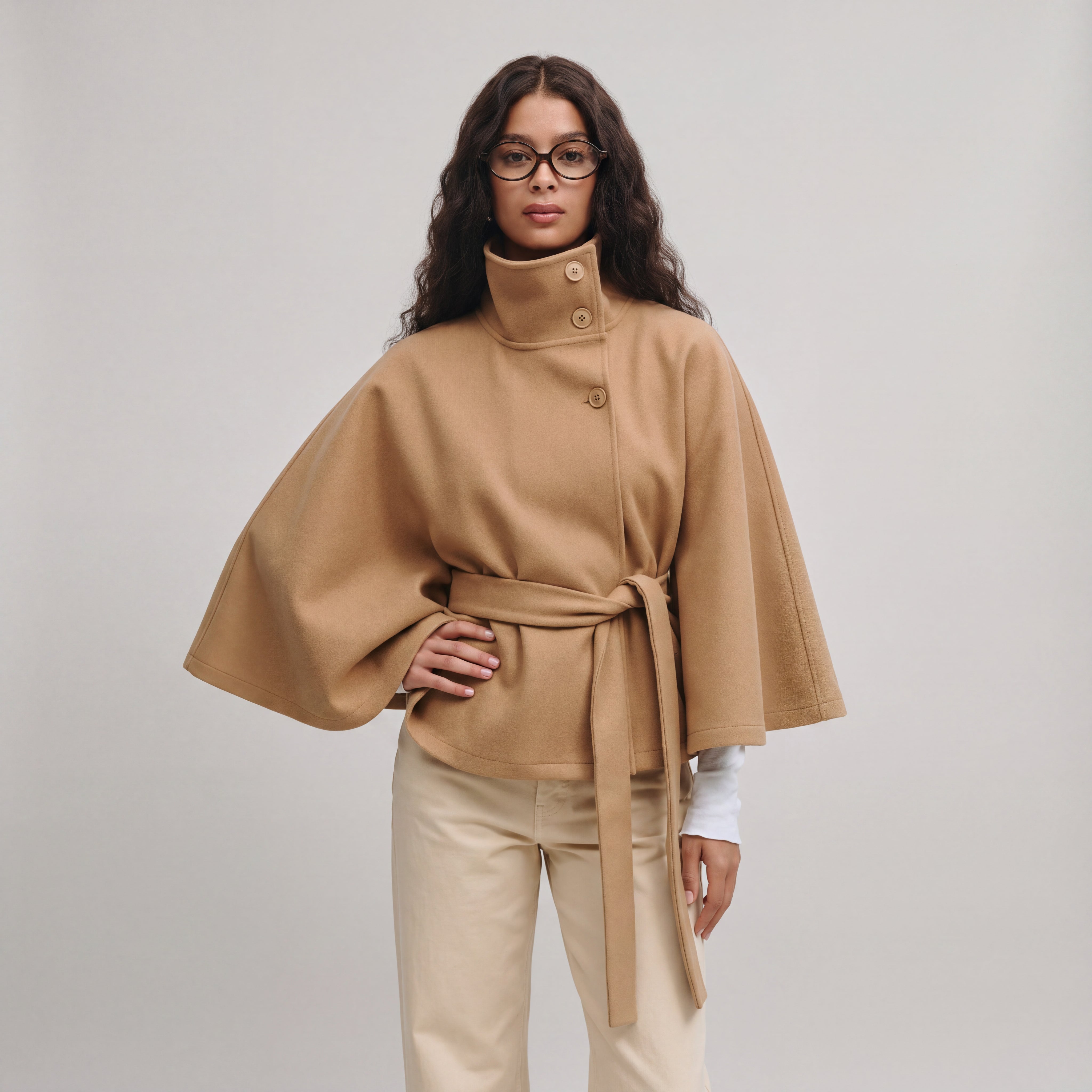 Fall Women's Cape Coat with High Collar and Bow Belt | Outerwear