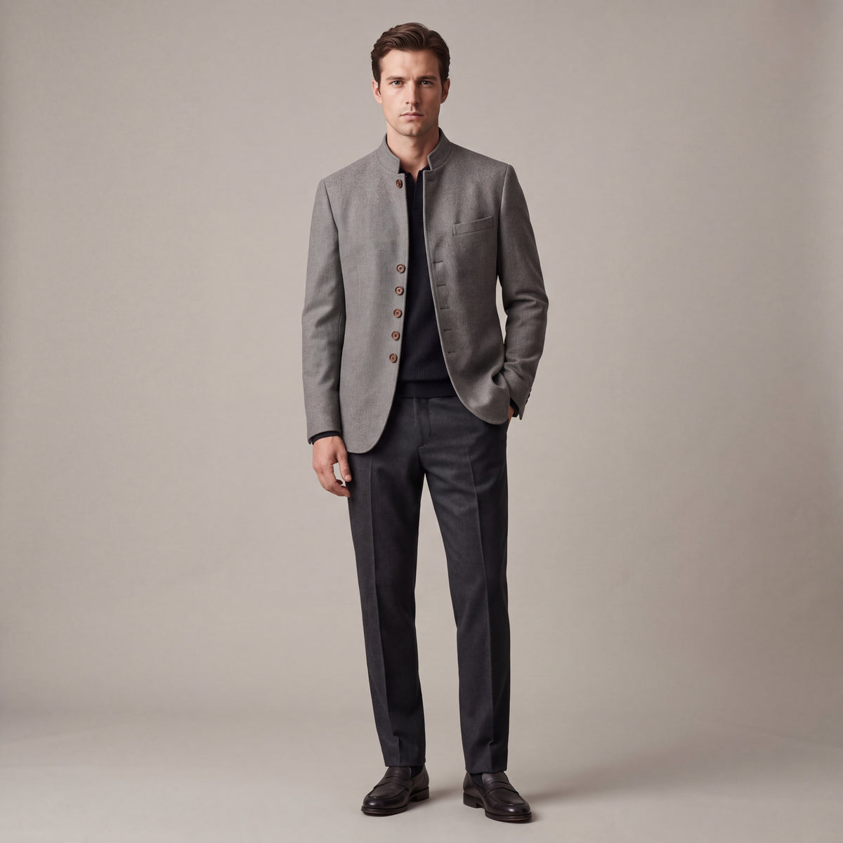 Mandarin Collar Wool-Blend Jacket