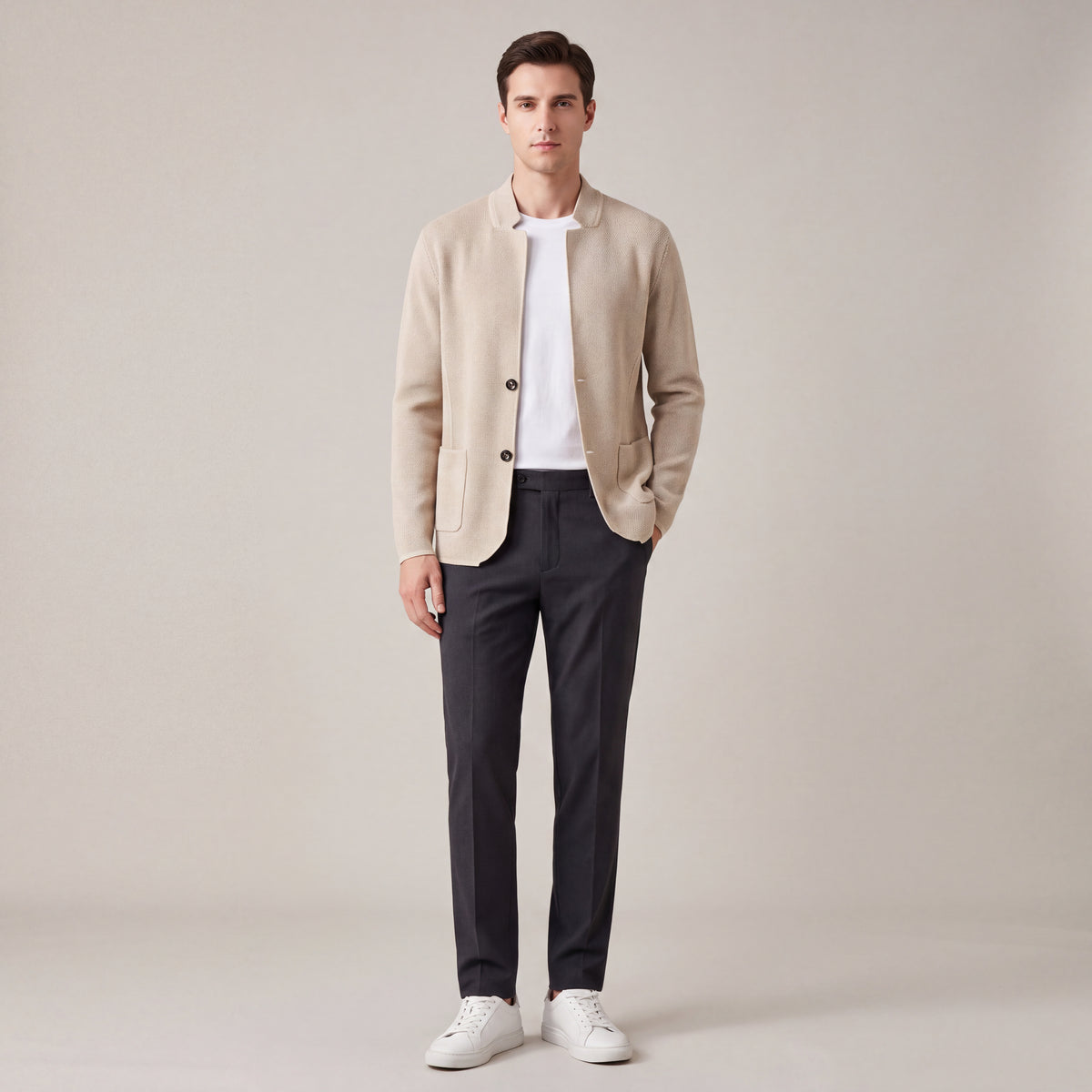 Structured Collarless cardigan, Relaxed Fit