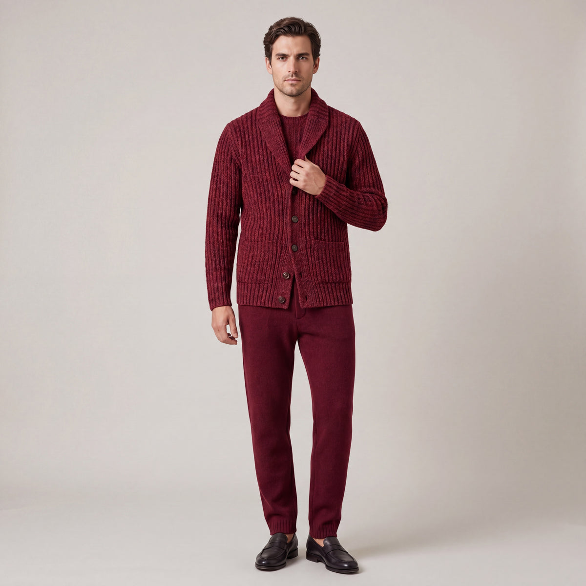 Men's Crew-Neck Shawl-Front Chunky-Knit Cardigan