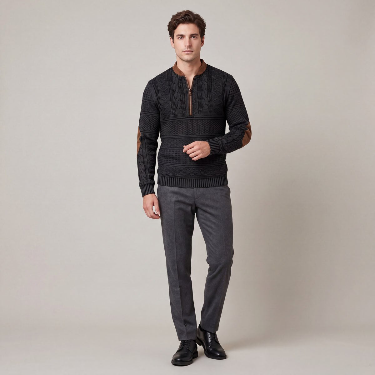 Men's Half-Zip Sweater with Faux Leather Patches
