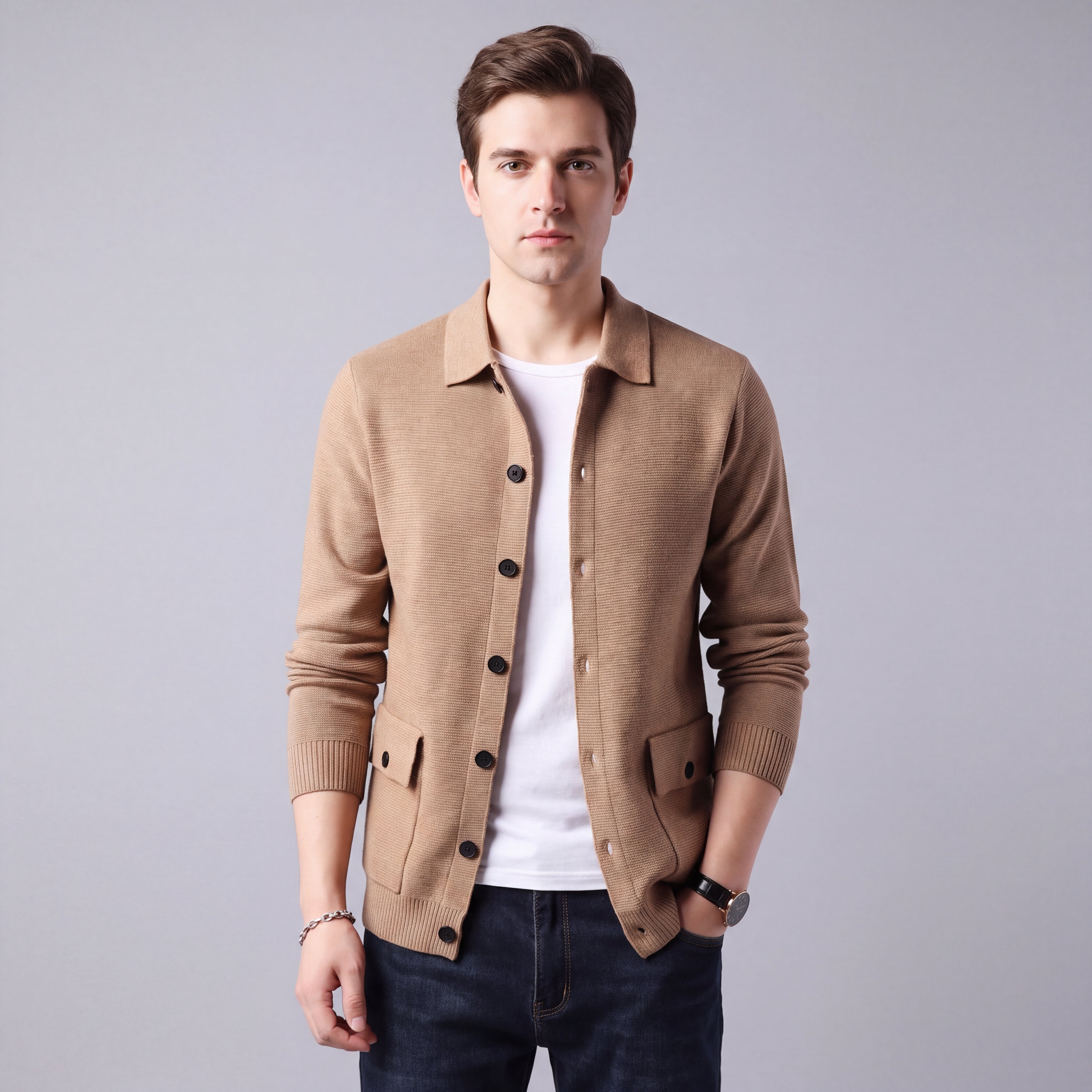 Men's Textured Knit Cardigan with Structured Collar