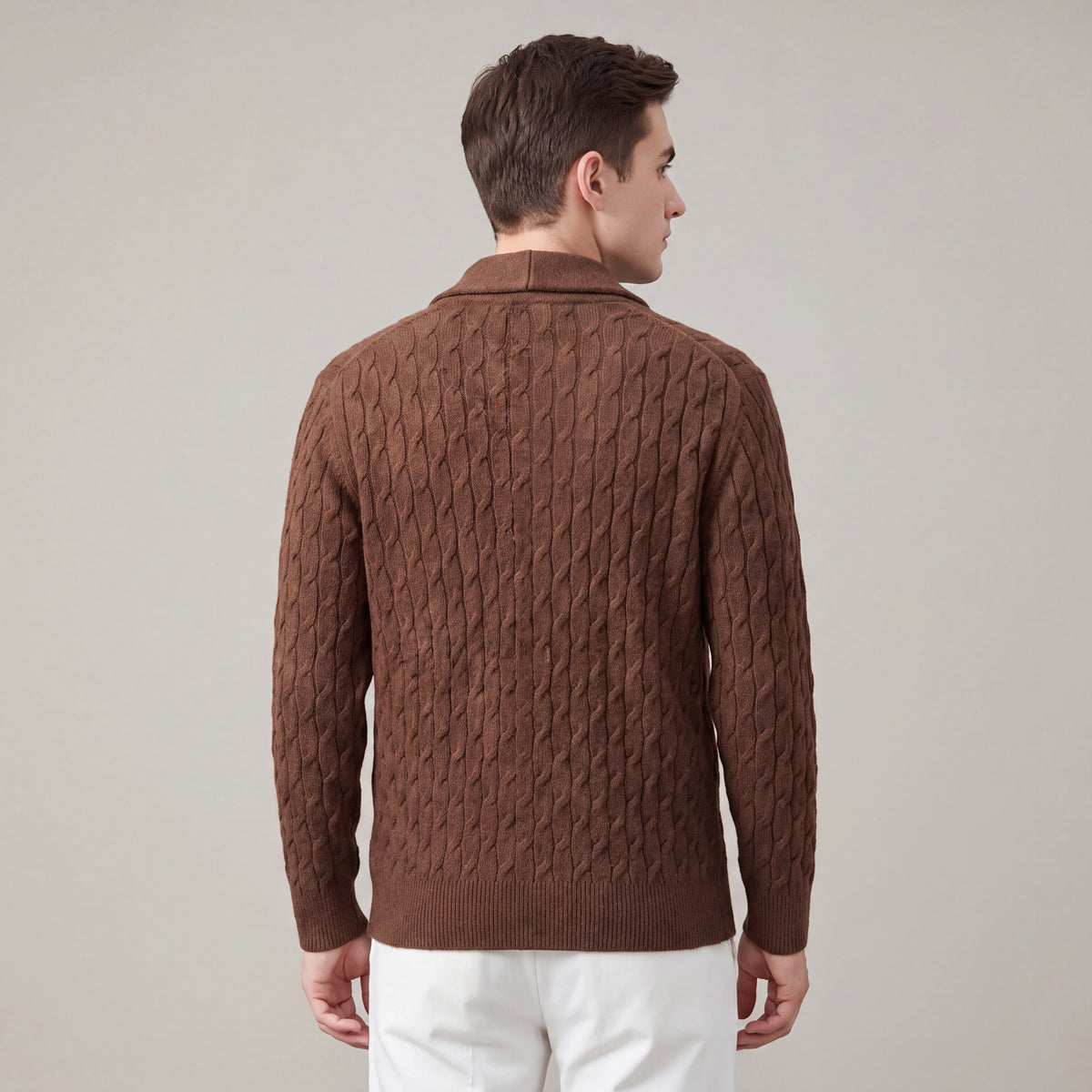 Men's Wool Cardigan with Shawl Collar and Cable Knit