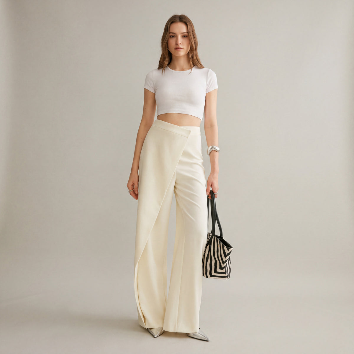 Women's High-Waisted Asymmetrical Wrap Wide-Leg Pants