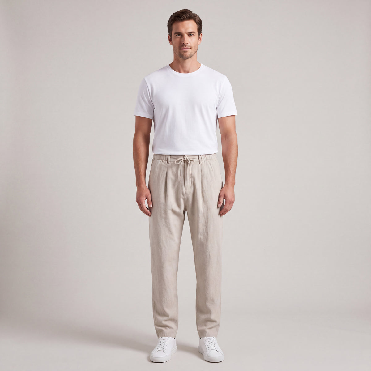 Linen Pants with Elastic Waist and Regular Leg