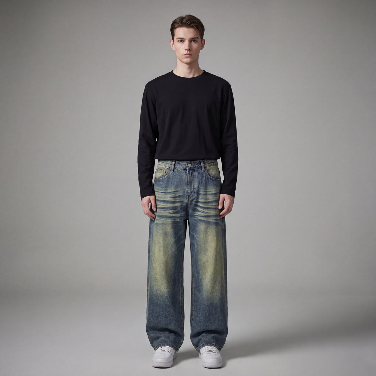 Men's Baggy Jeans in Faded Denim with Exposed Stitching