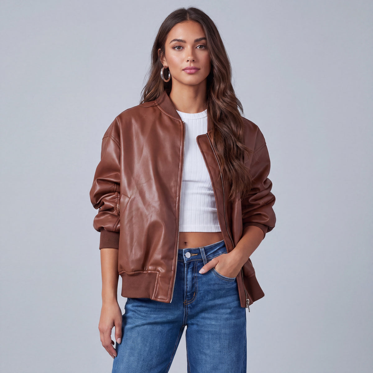 Faux Leather Bomber Jacket, Relaxed Fit