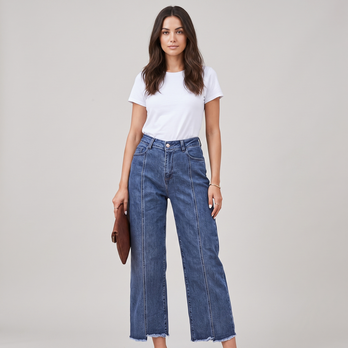 Baggy Jeans a Vita Alta Gamba Dritta Cropped