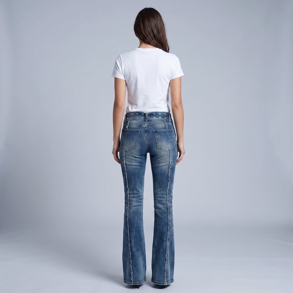 Low Rise Distressed Flare Jeans with Buckle