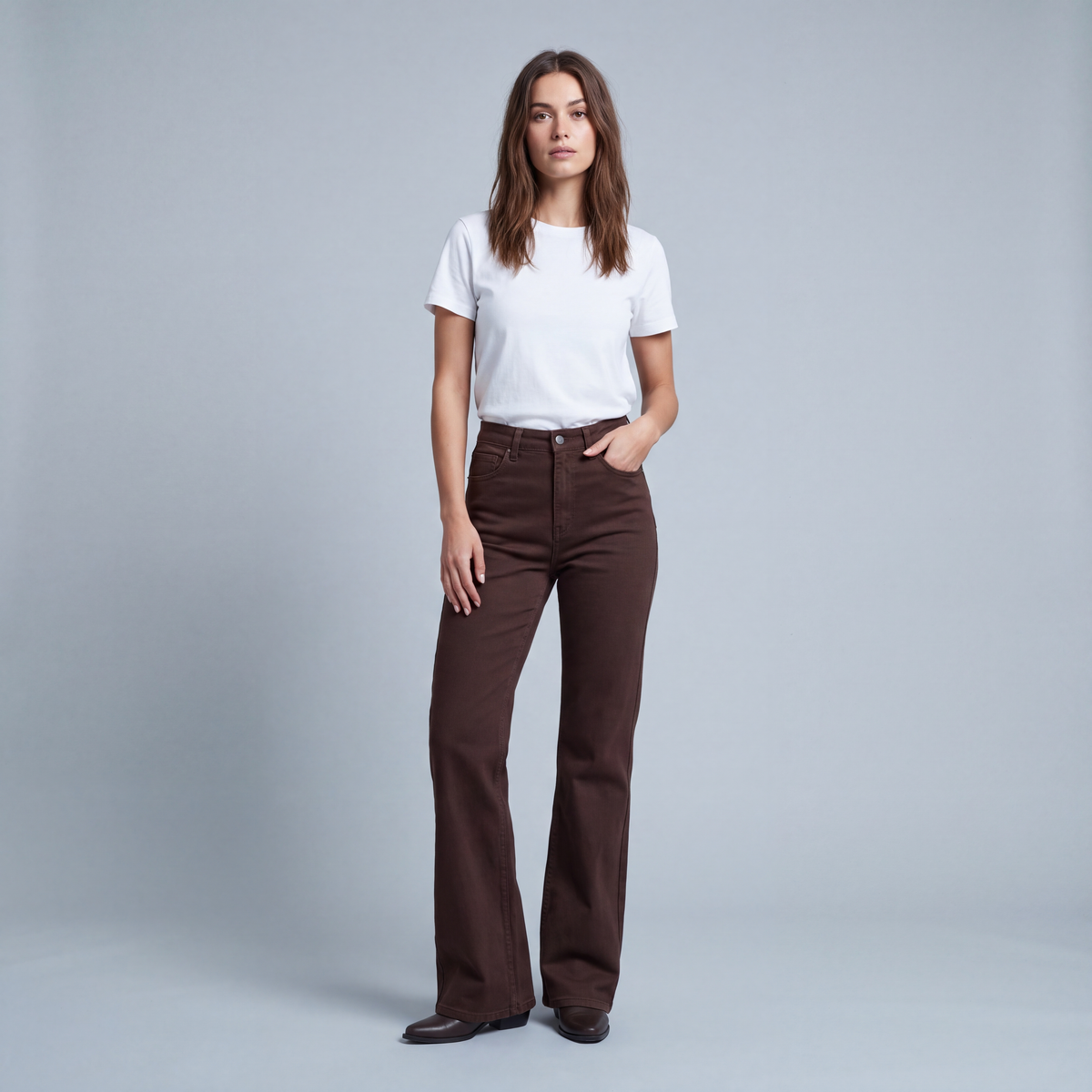 High-Waisted Flared Pants in Brown Leather-Look Fabric