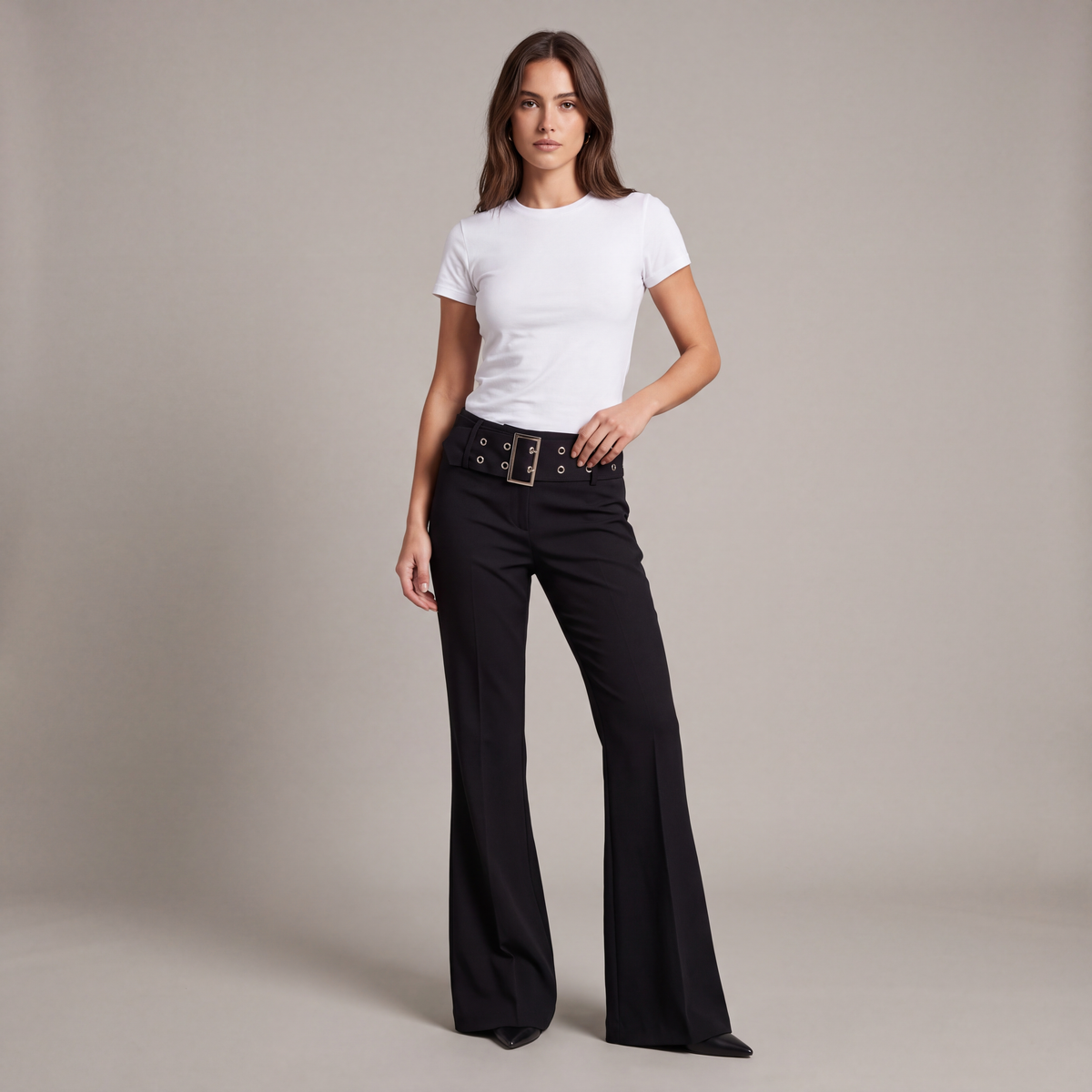Black High-Waisted Flared Pants with Buckle