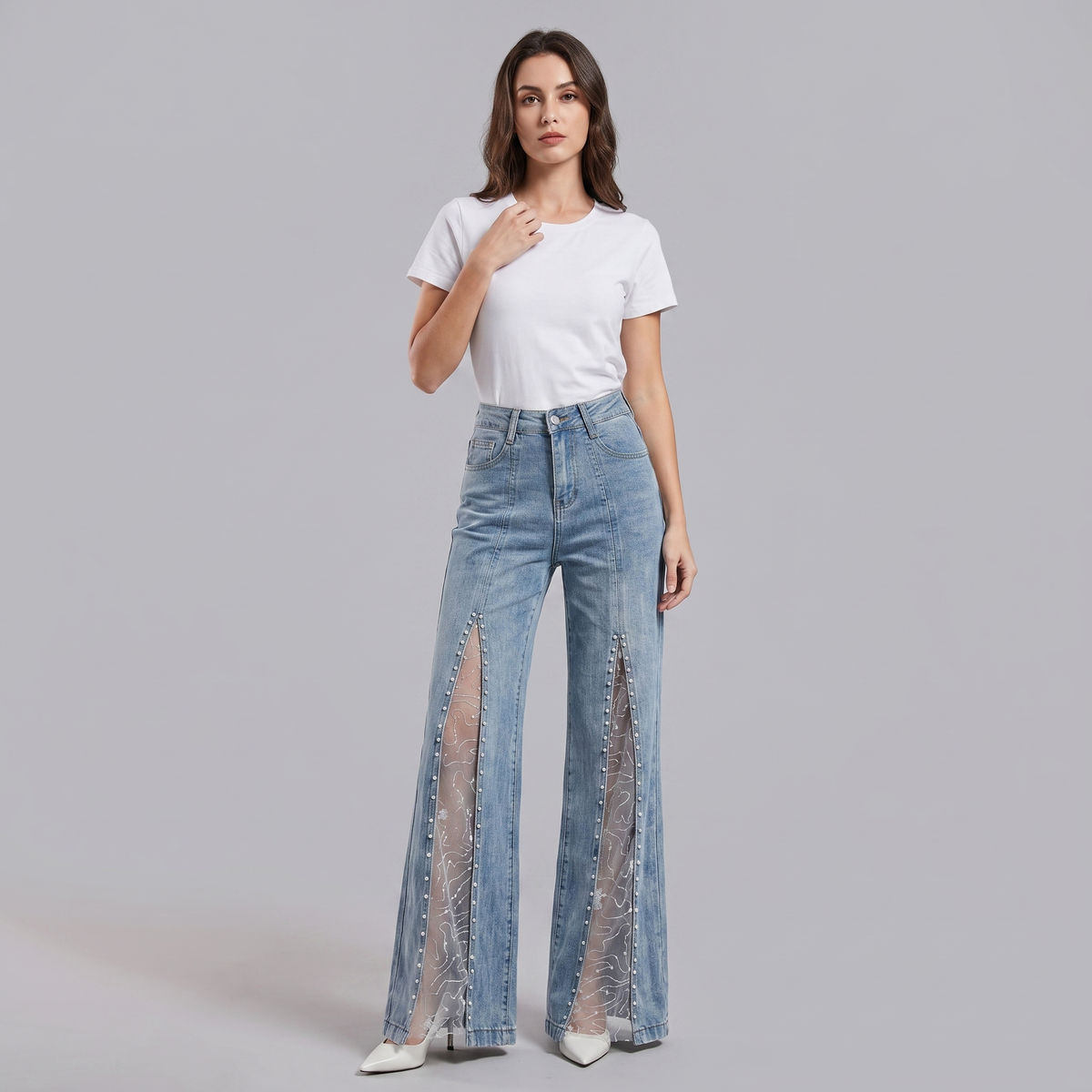 High-Waisted, Wide-Leg Flare Jeans with a Slit and Pearls