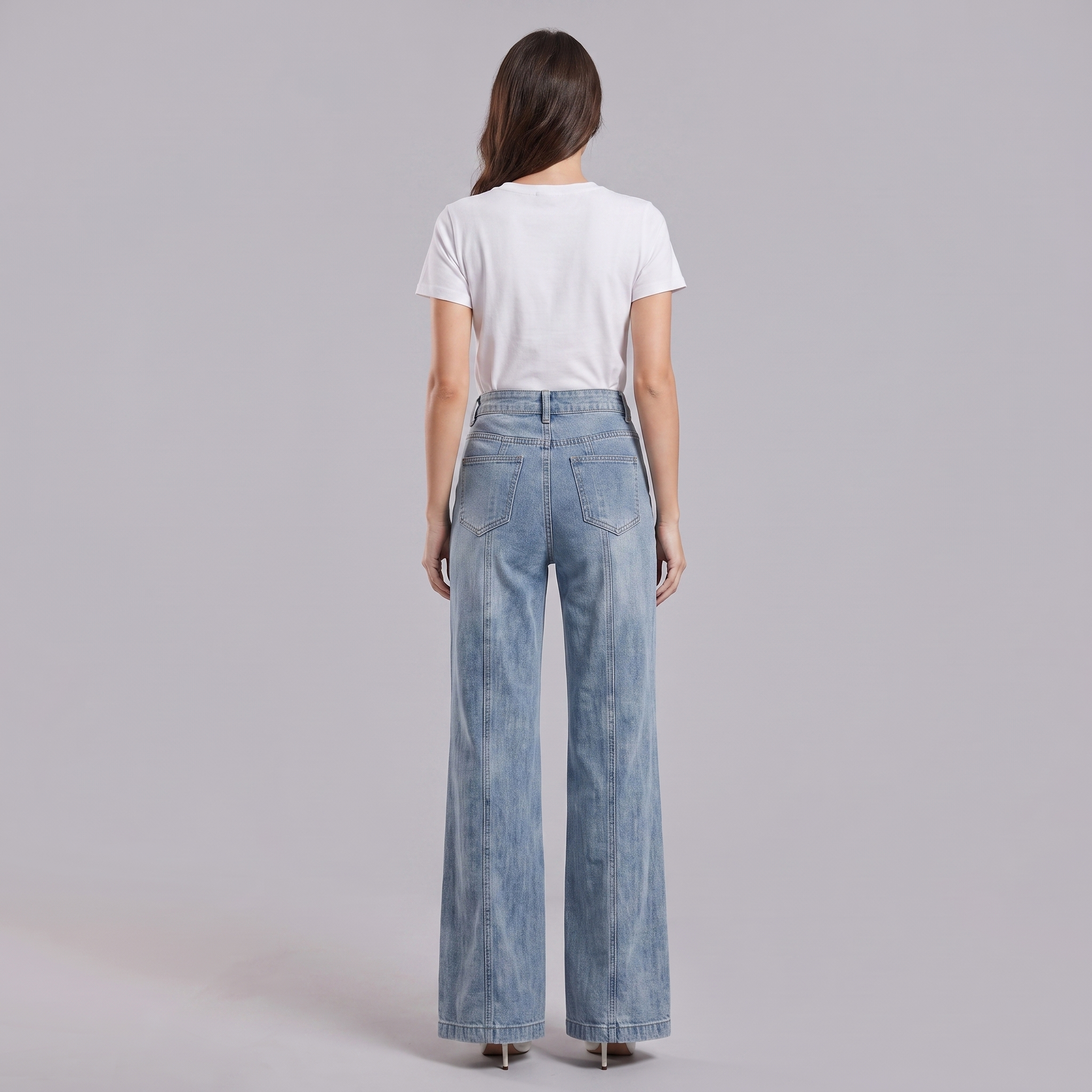 High-Waisted, Wide-Leg Flare Jeans with a Slit and Pearls