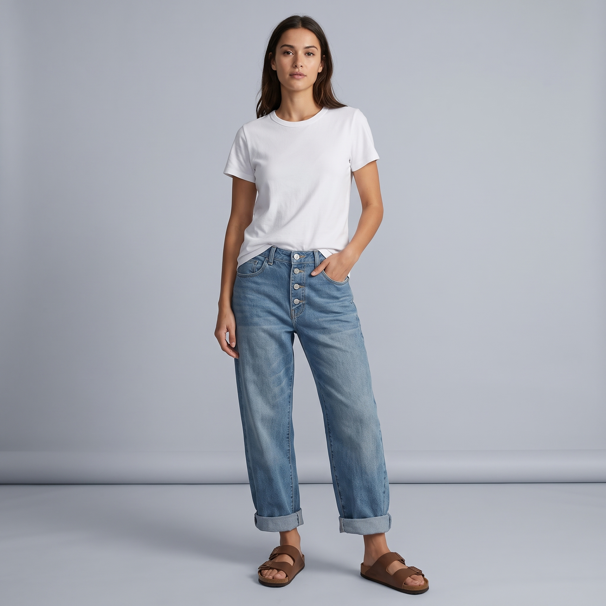 Women's High-Waisted Blue Denim Mom Jeans with Buttons