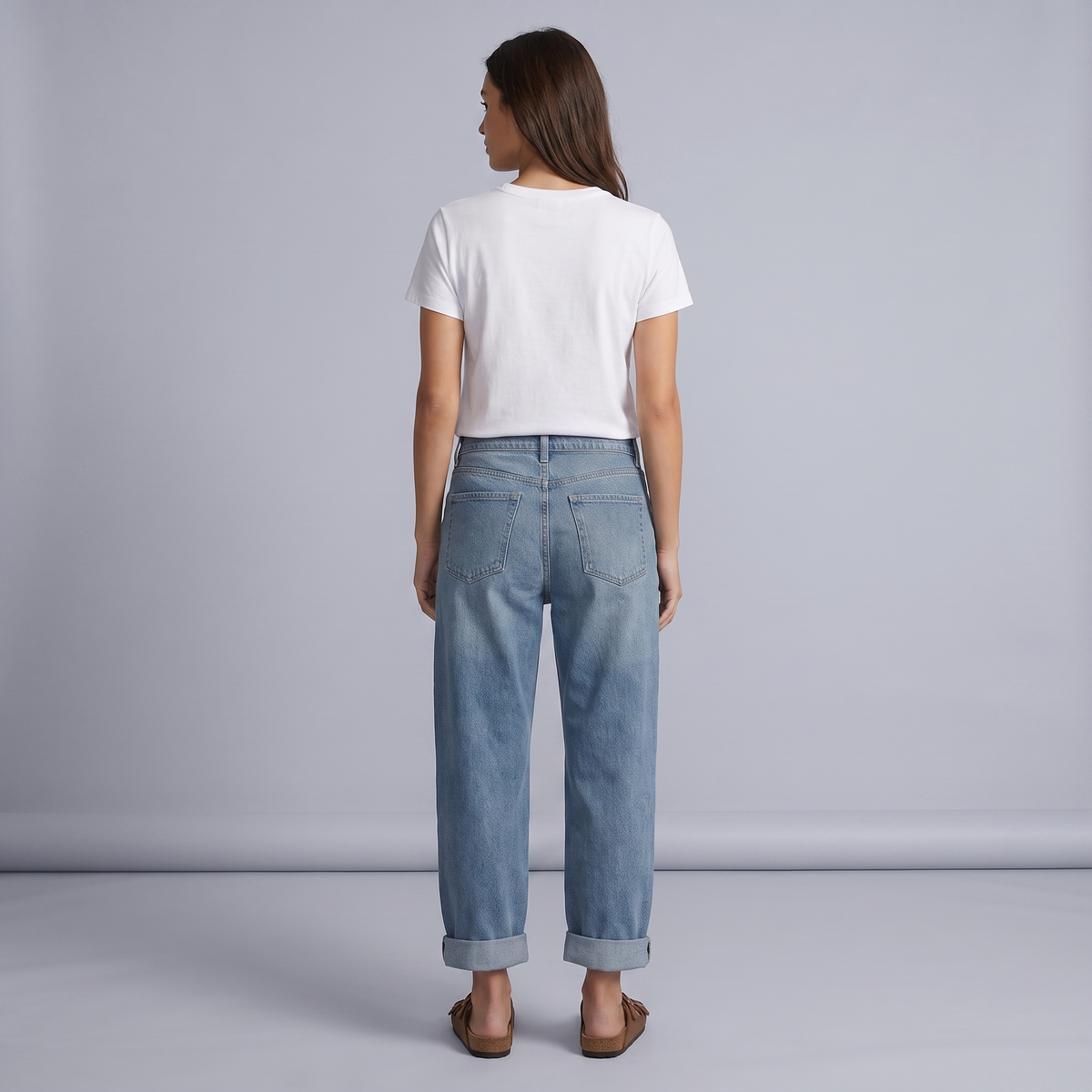 Women's High-Waisted Blue Denim Mom Jeans with Buttons