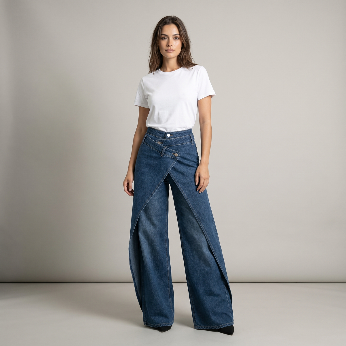 Women's High Waist Baggy Jeans with Draped Panel
