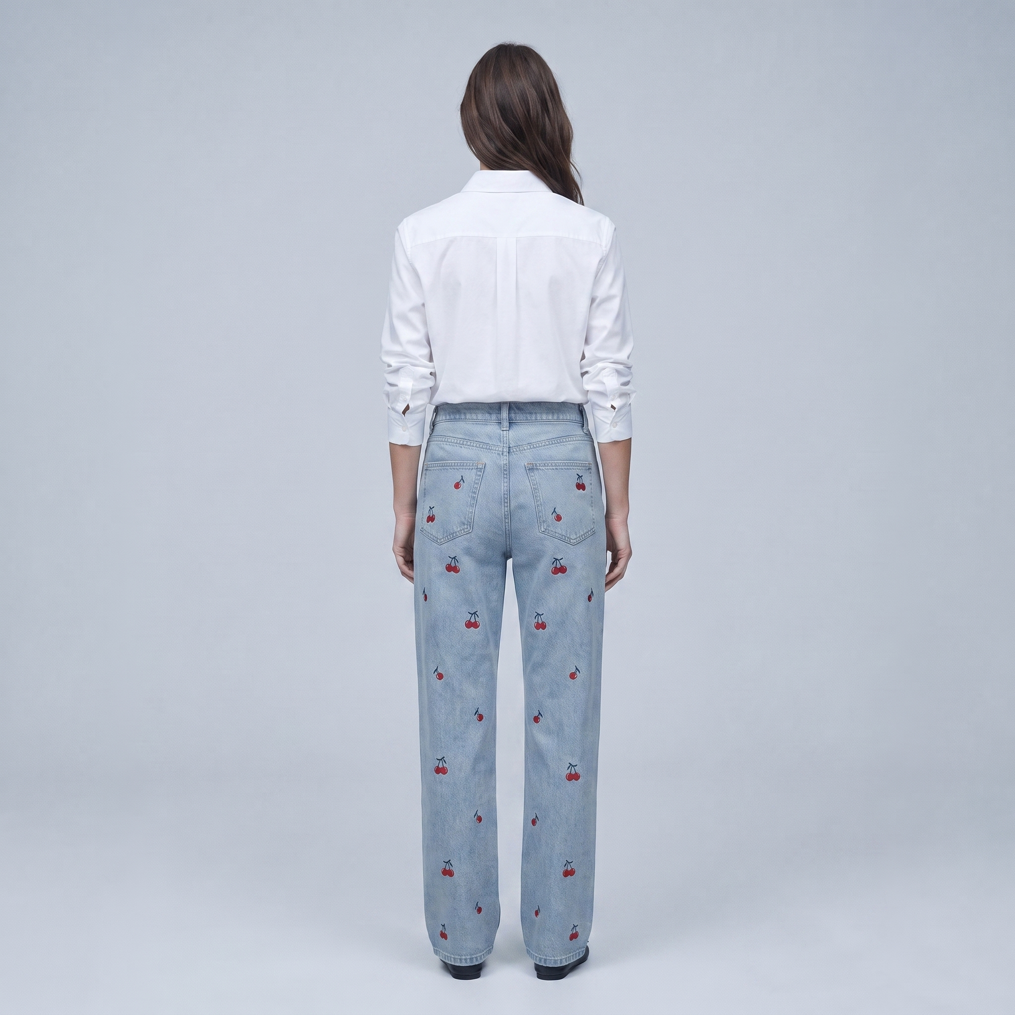 Women's High-Waisted Baggy Jeans with Cherry Embroidery