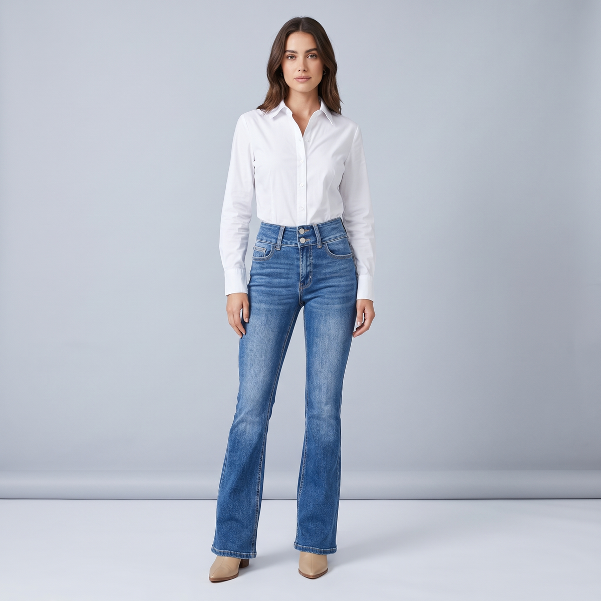 Women's High-Waisted Blue Bootcut Jeans with Double Buttons