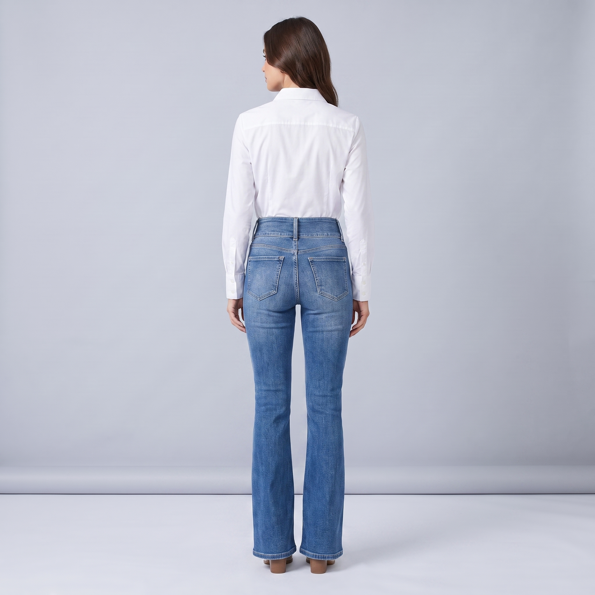 Women's High-Waisted Blue Bootcut Jeans with Double Buttons