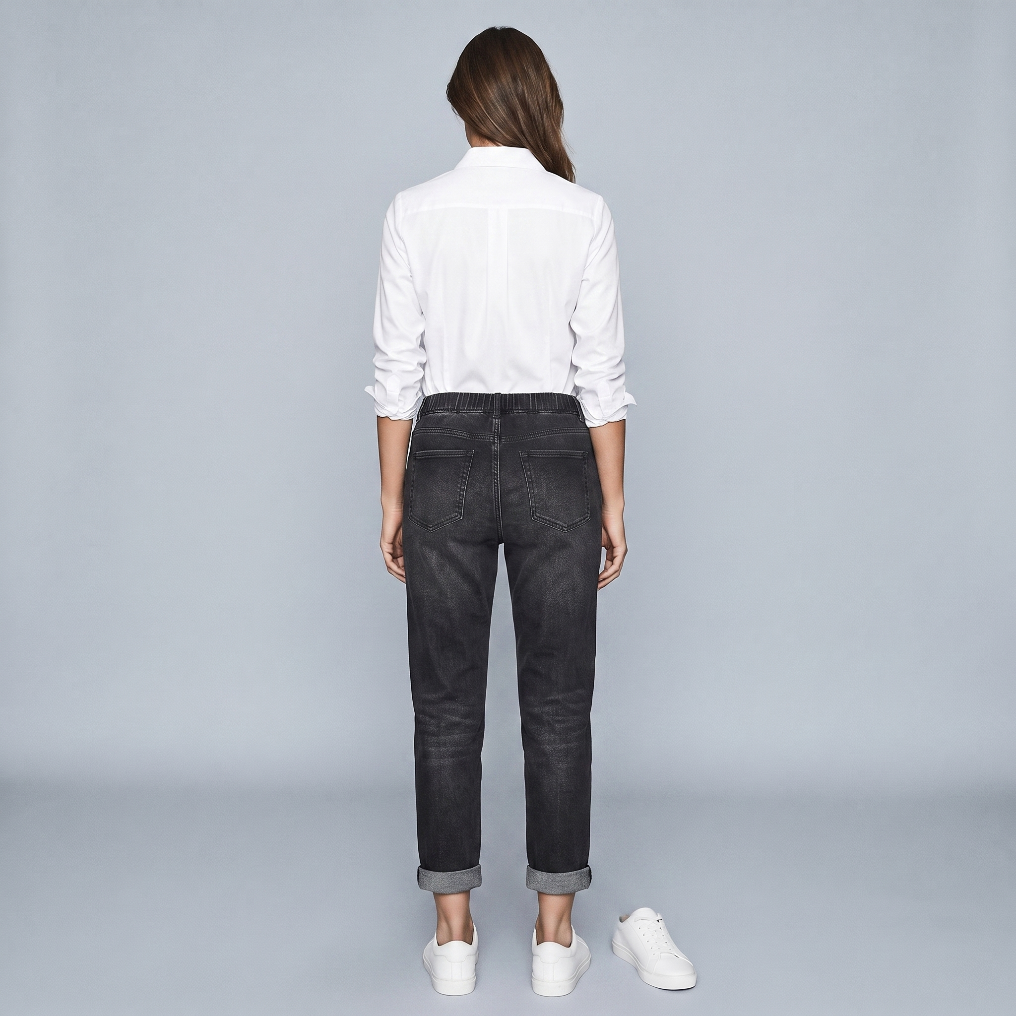 Women's High-Waisted Black Mom Jeans with Drawstring Cuffs