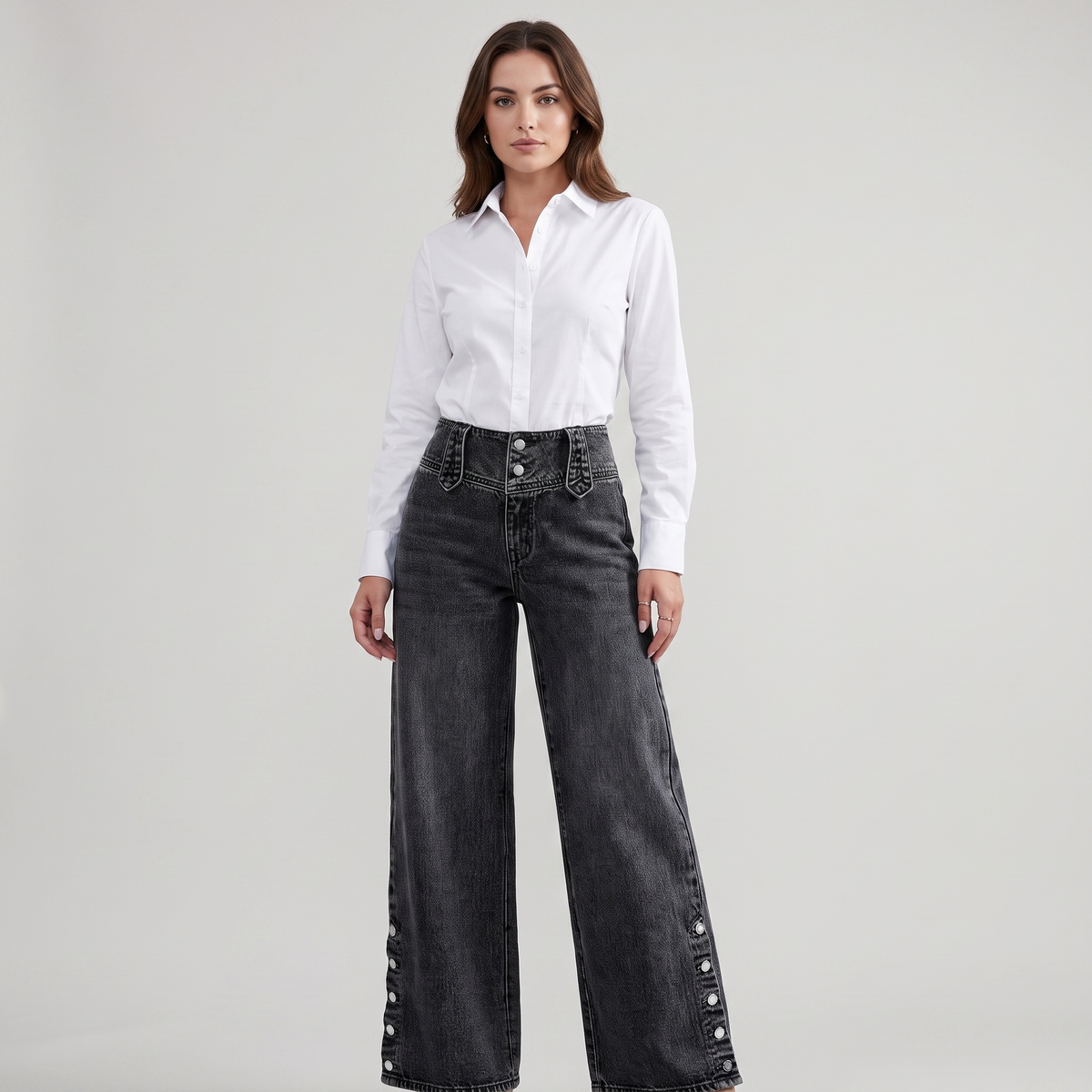 High-Waisted Black Jeans with Wide-Leg Split Hem