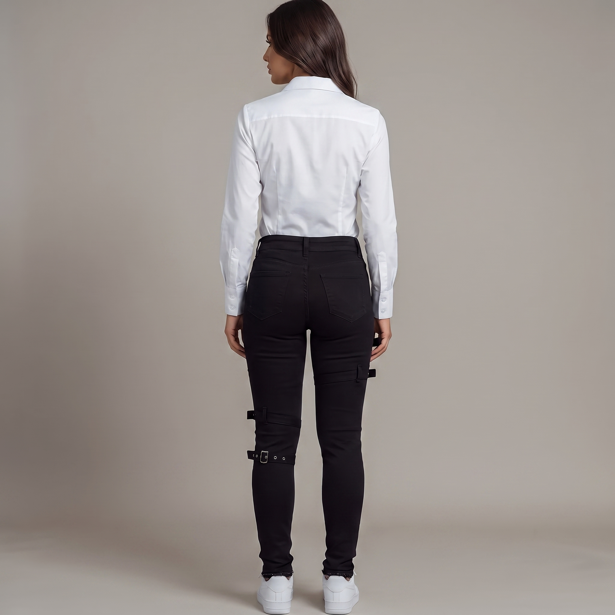 Women's Black Jeans with Distressed Wide-Leg Buckles