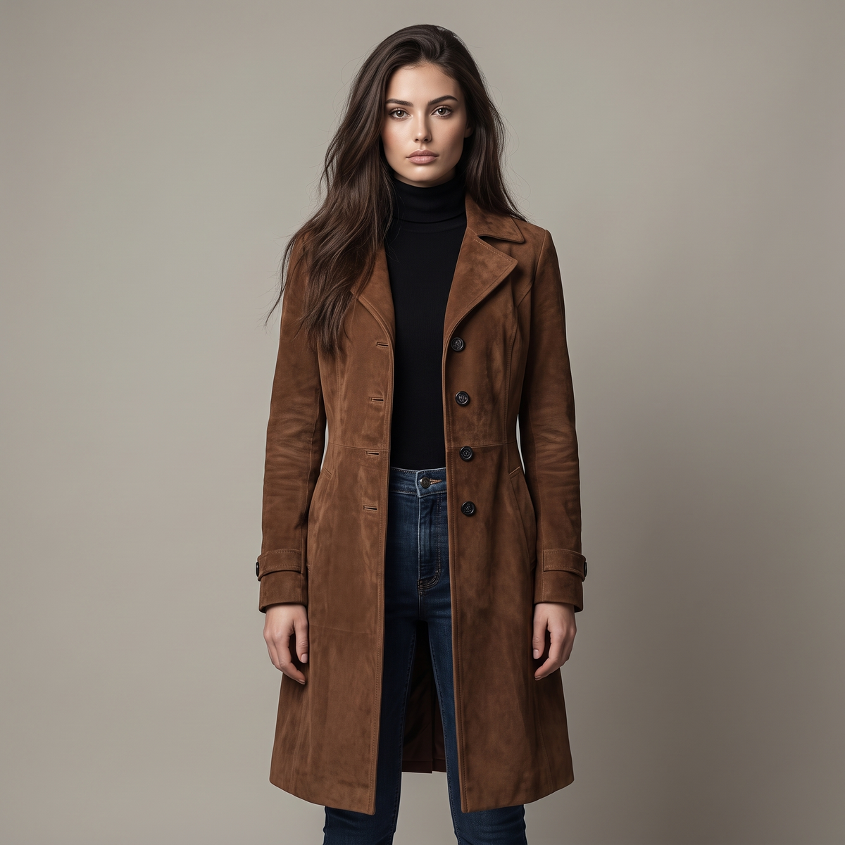 Women's Classic Suede Trench Coat with Relaxed Fit