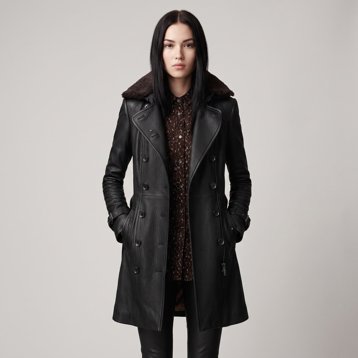 Women's Textured Leather Trench Coat with Long Sleeves