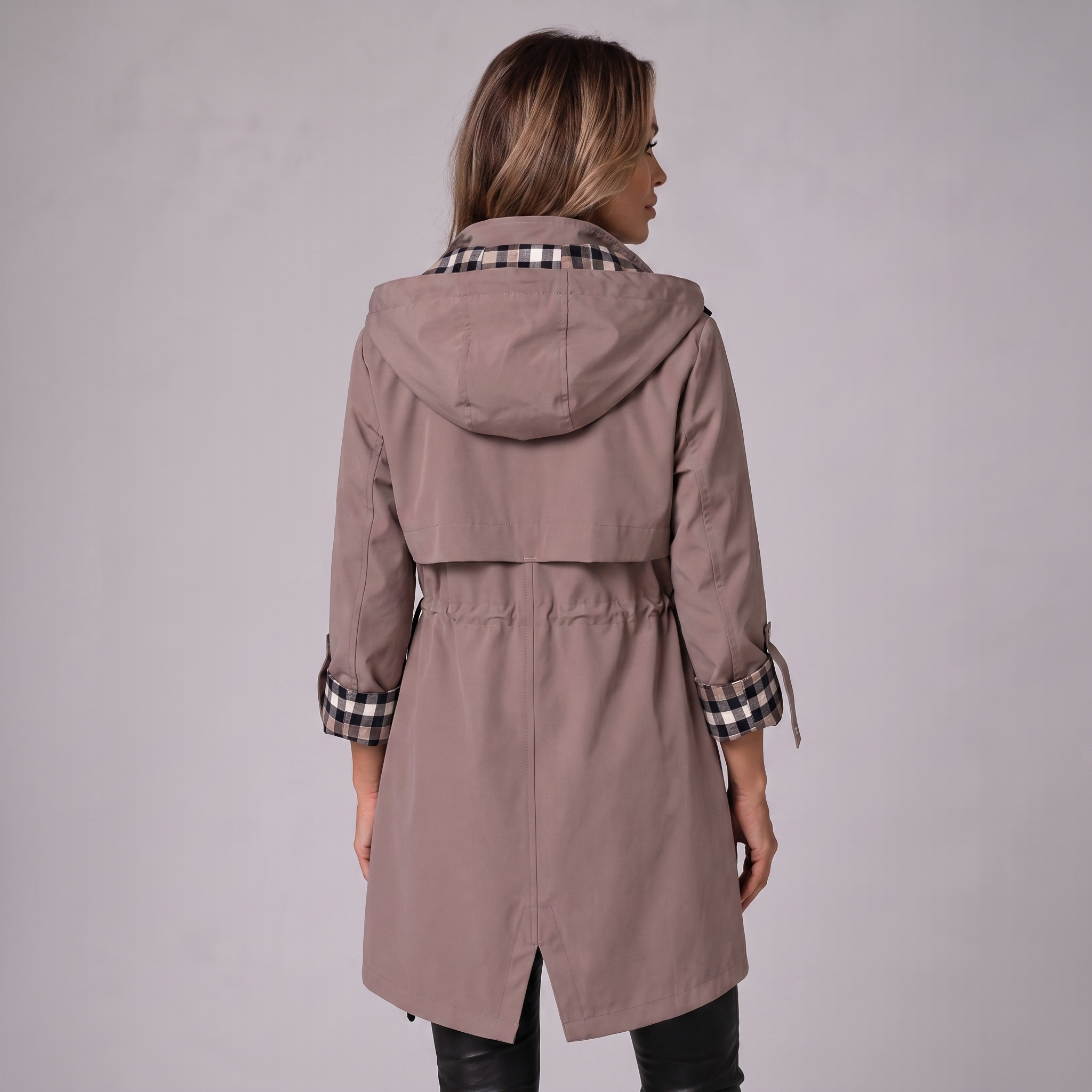 Women's Longline Hooded Trench Coat with Adjustable Waist and Zip