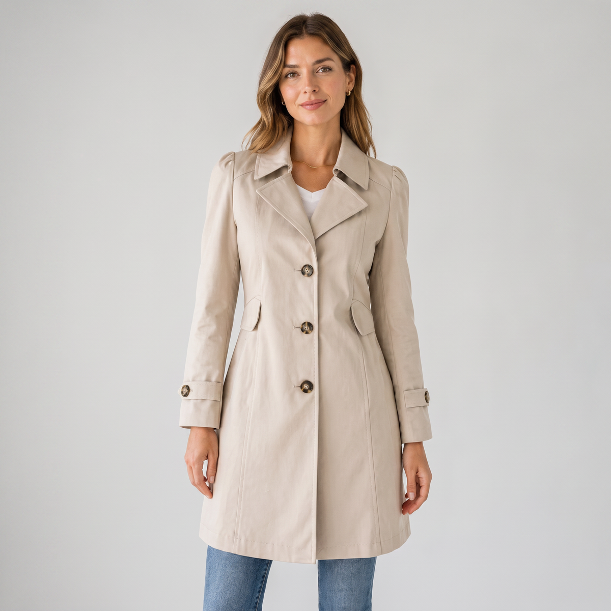 Women's Short Cotton Blend Tailored Trench Coat with Buttons