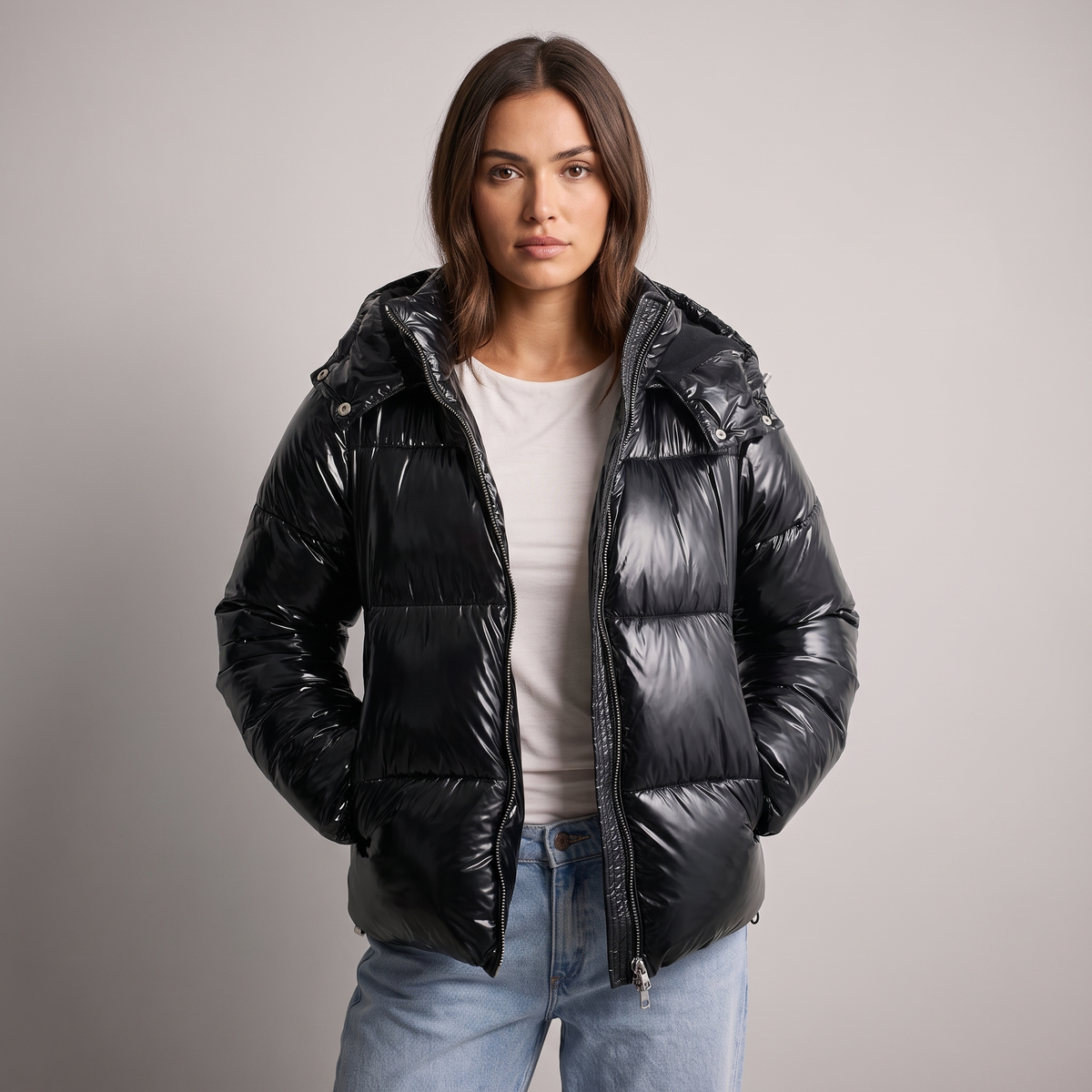 Puffer Jacket Women Hooded Quilted Glossy Finish