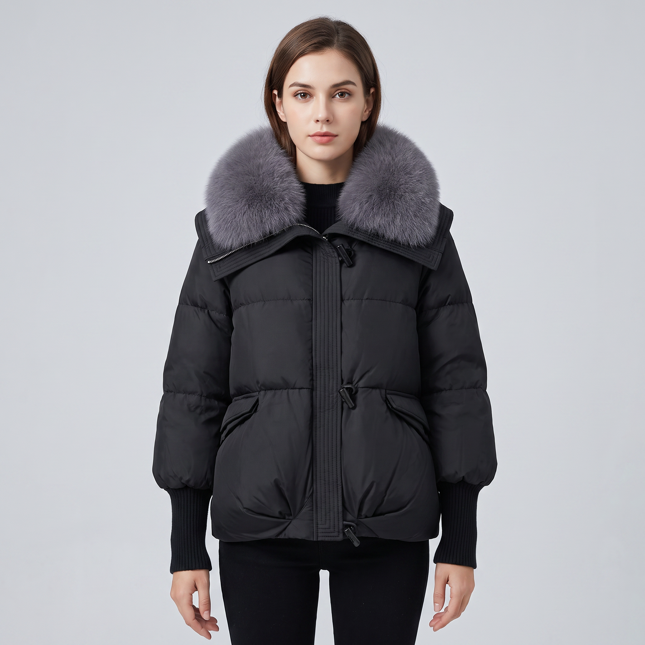 Puffer Jacket Women Faux Fur Collar Ribbed Cuffs