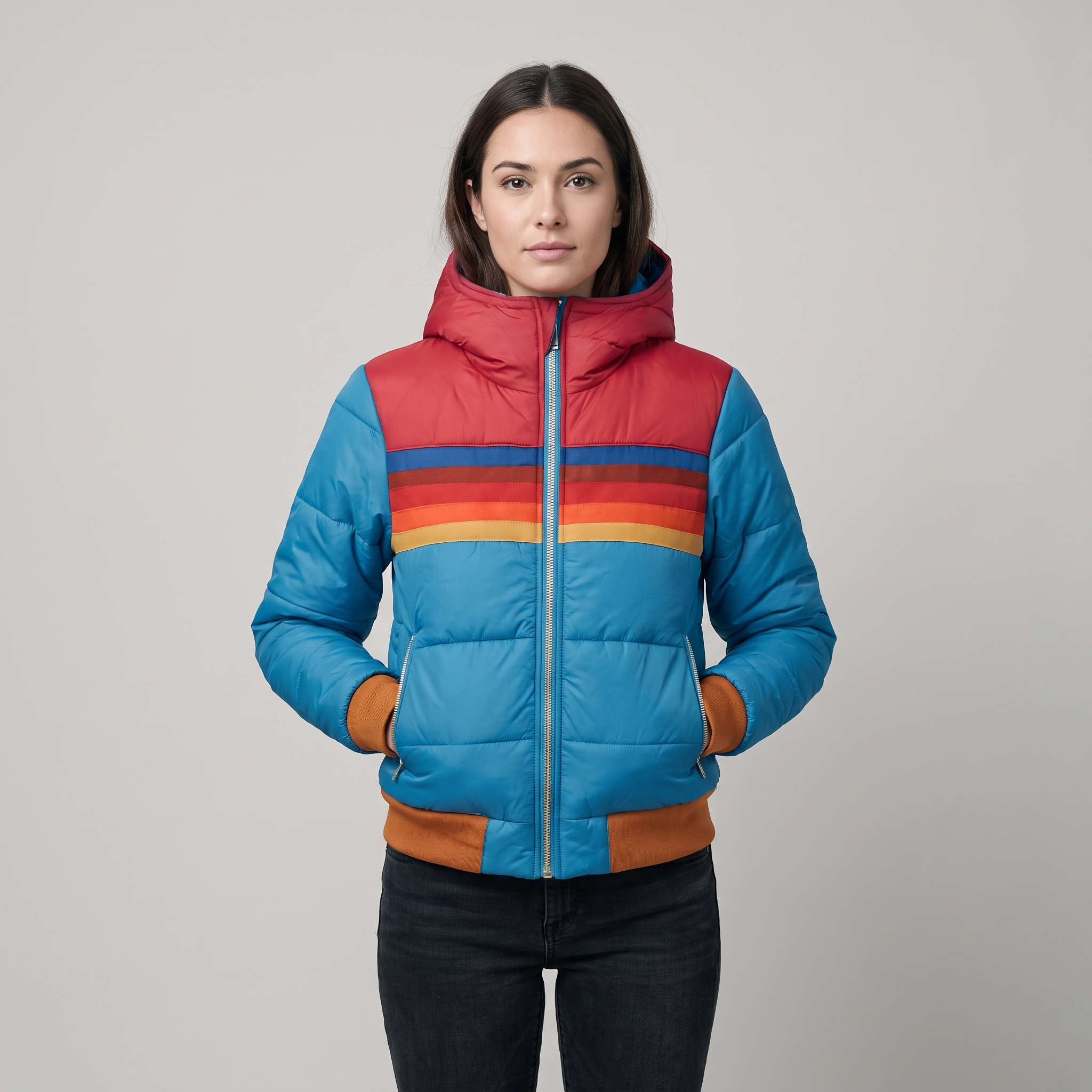 Puffer Jacket Women Hooded Quilted Rainbow Colorblock