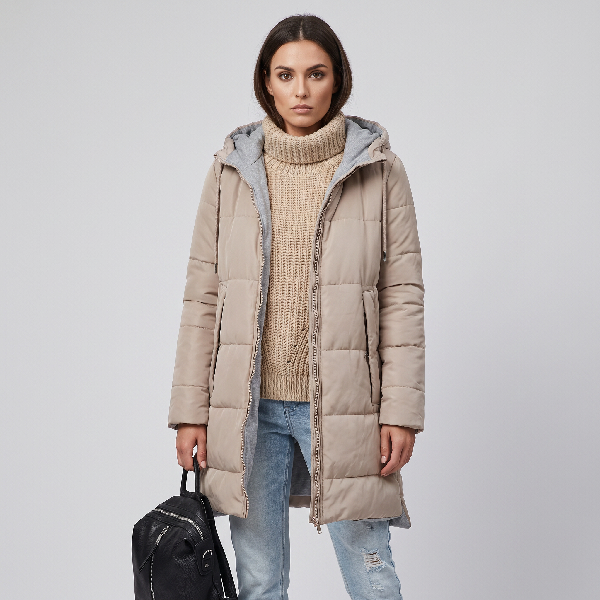 Puffer Jacket Women Quilted Hooded Adjustable Waist