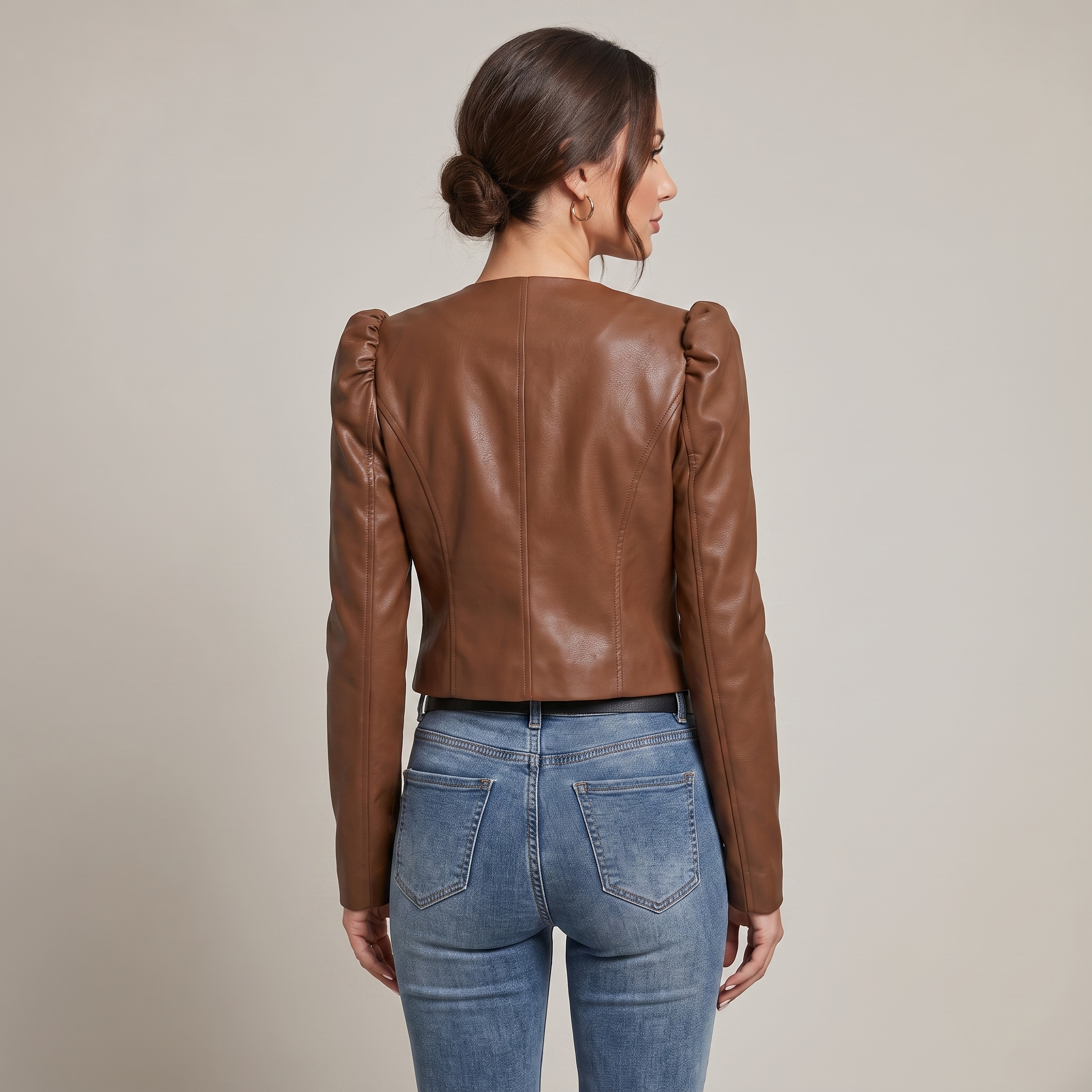 Women’s Short Faux Leather Jacket with Puff Sleeves