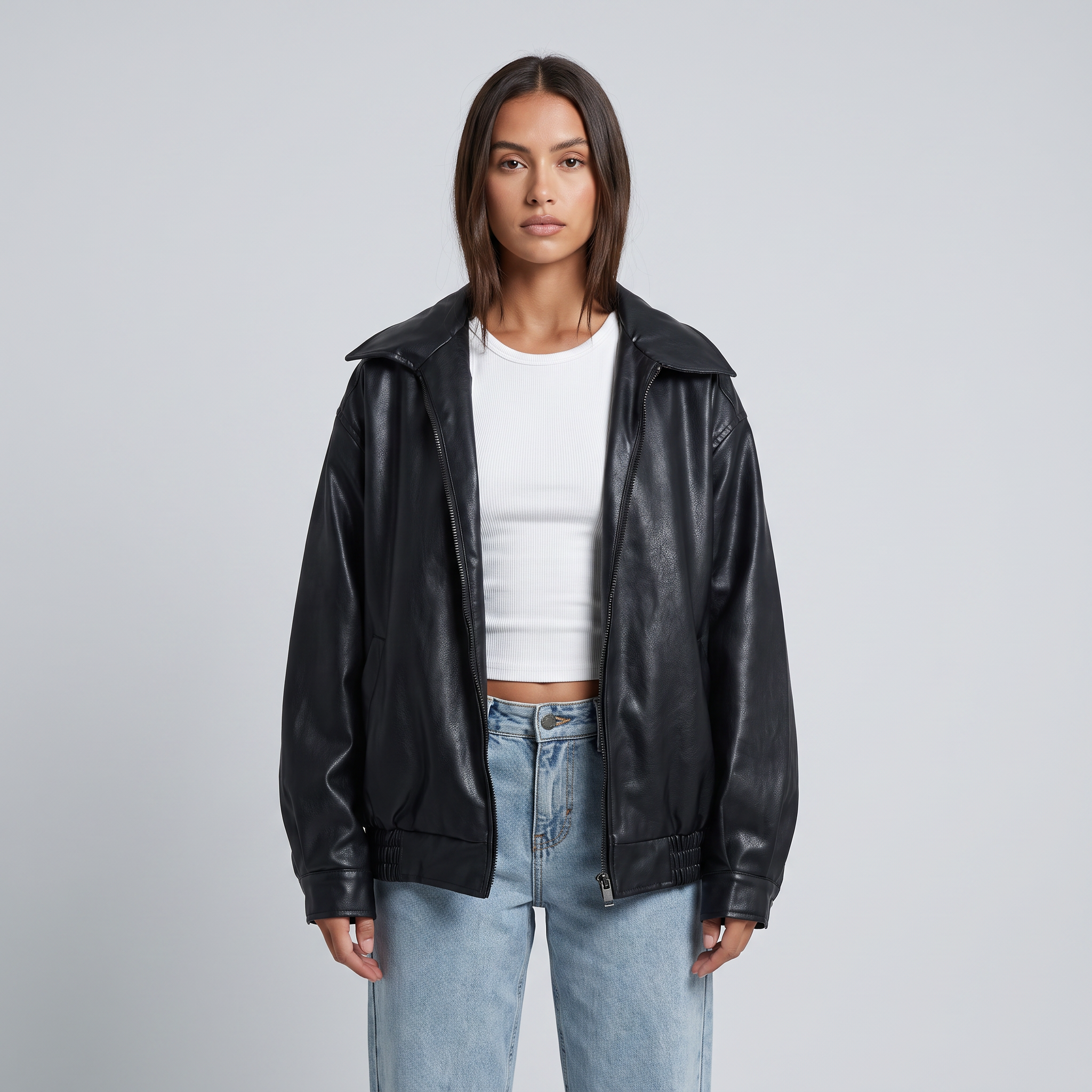 Oversized Women’s Faux Leather Jacket with Collar and Front Zip