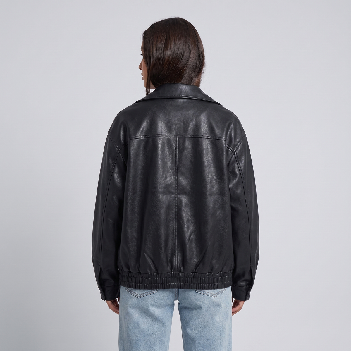 Oversized Women’s Faux Leather Jacket with Collar and Front Zip
