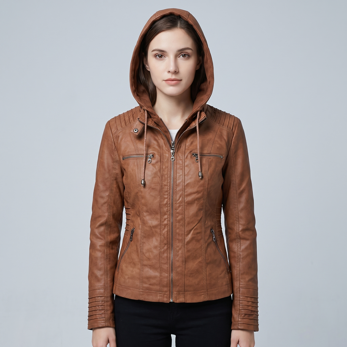 Women’s Quilted Leather Motorcycle Jacket with Hood