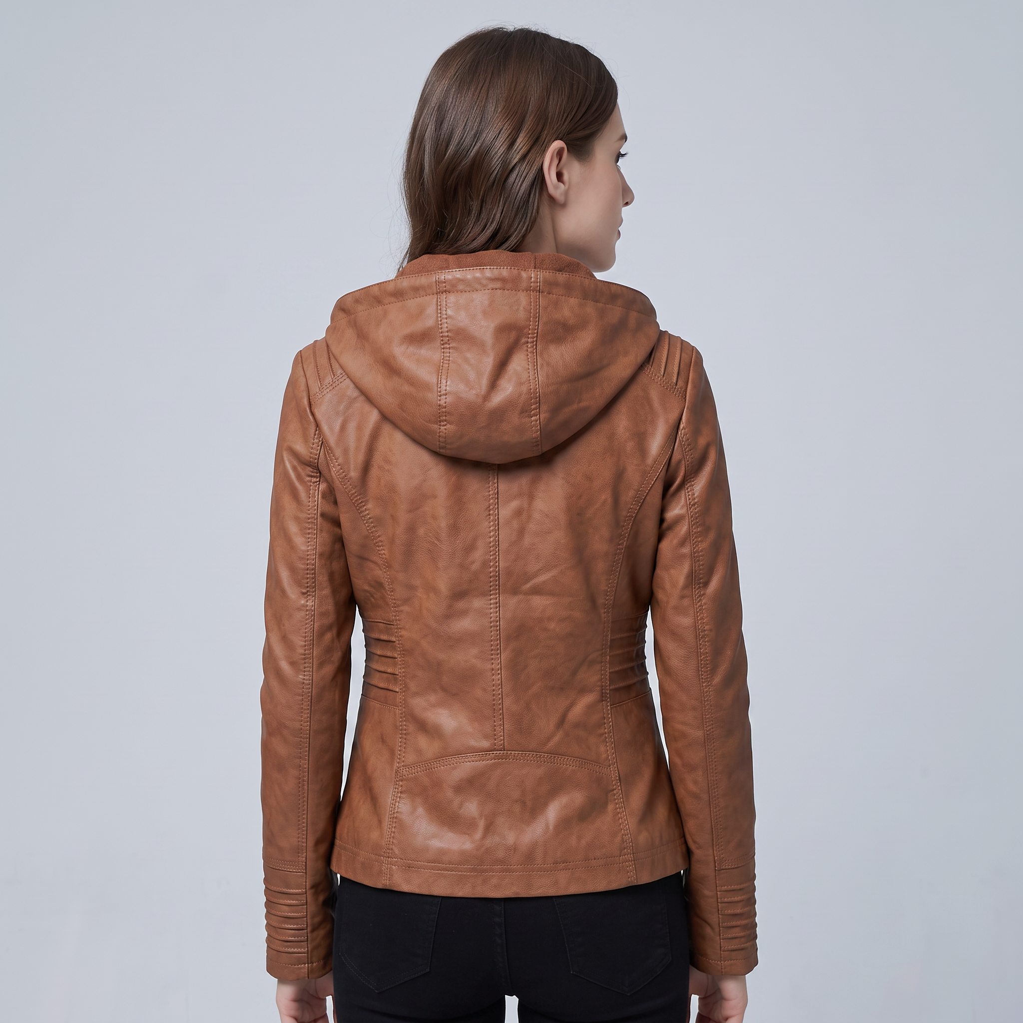 Women’s Quilted Leather Motorcycle Jacket with Hood