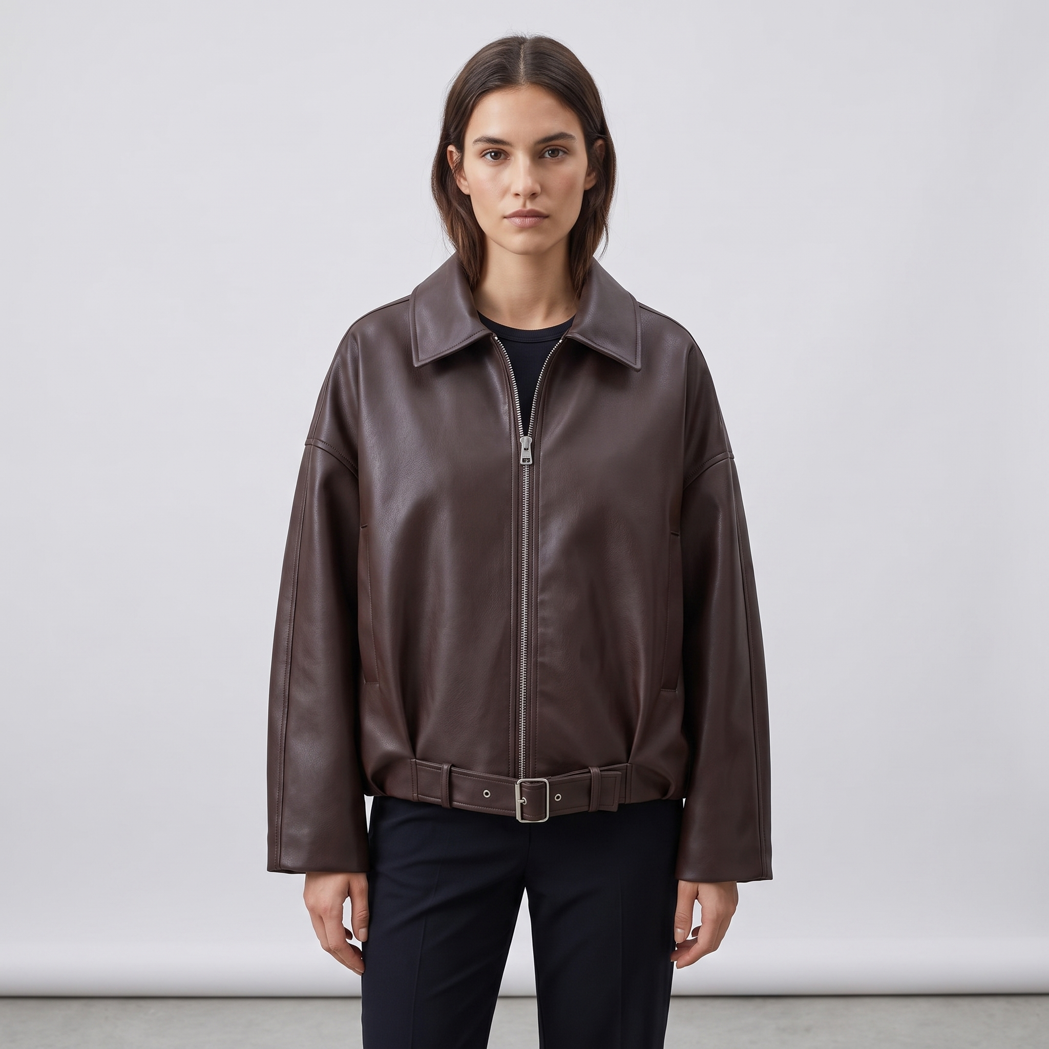 Women’s Oversized Leather Bomber Jacket with Belt