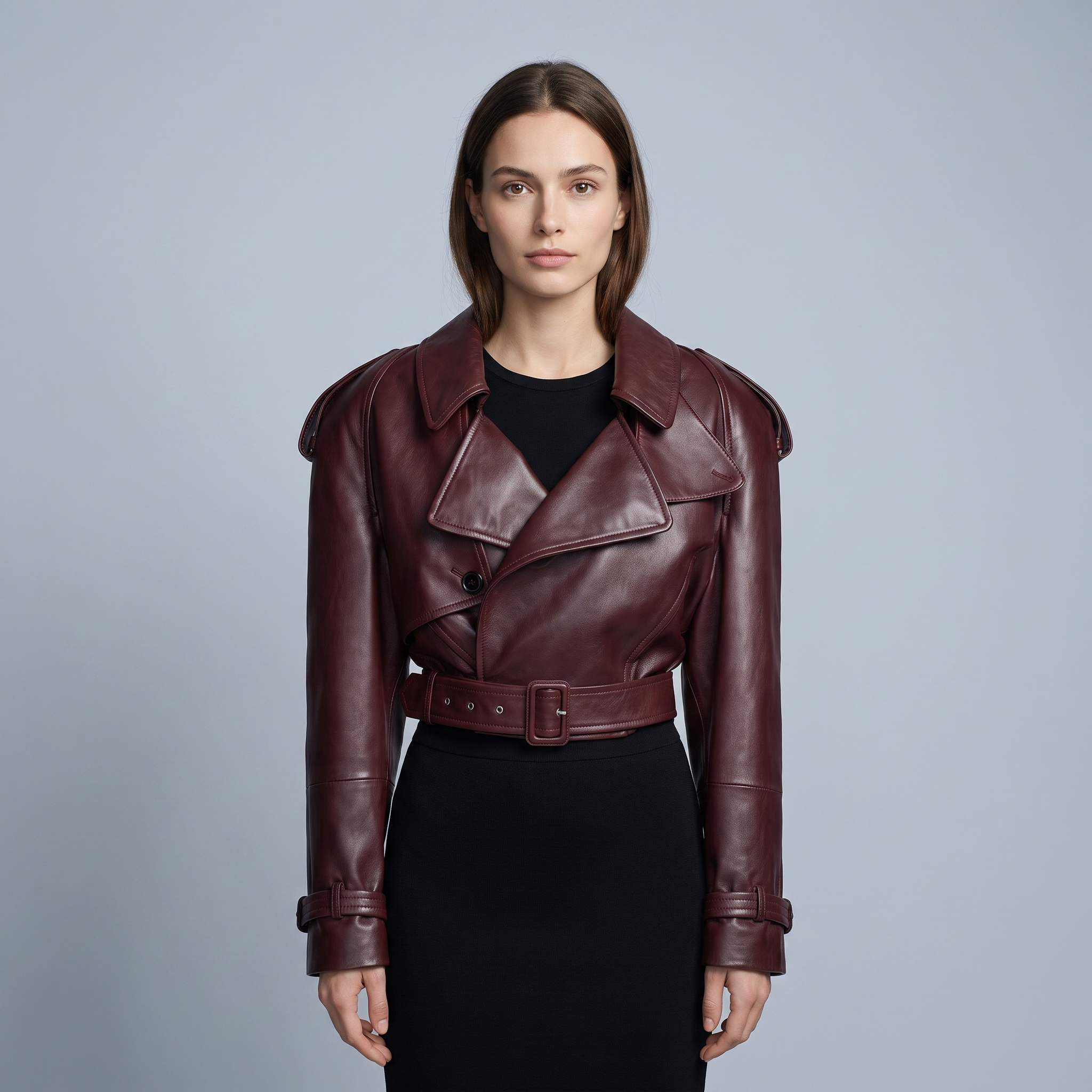 Women’s Short Brown Leather Jacket with Belt and Lapels