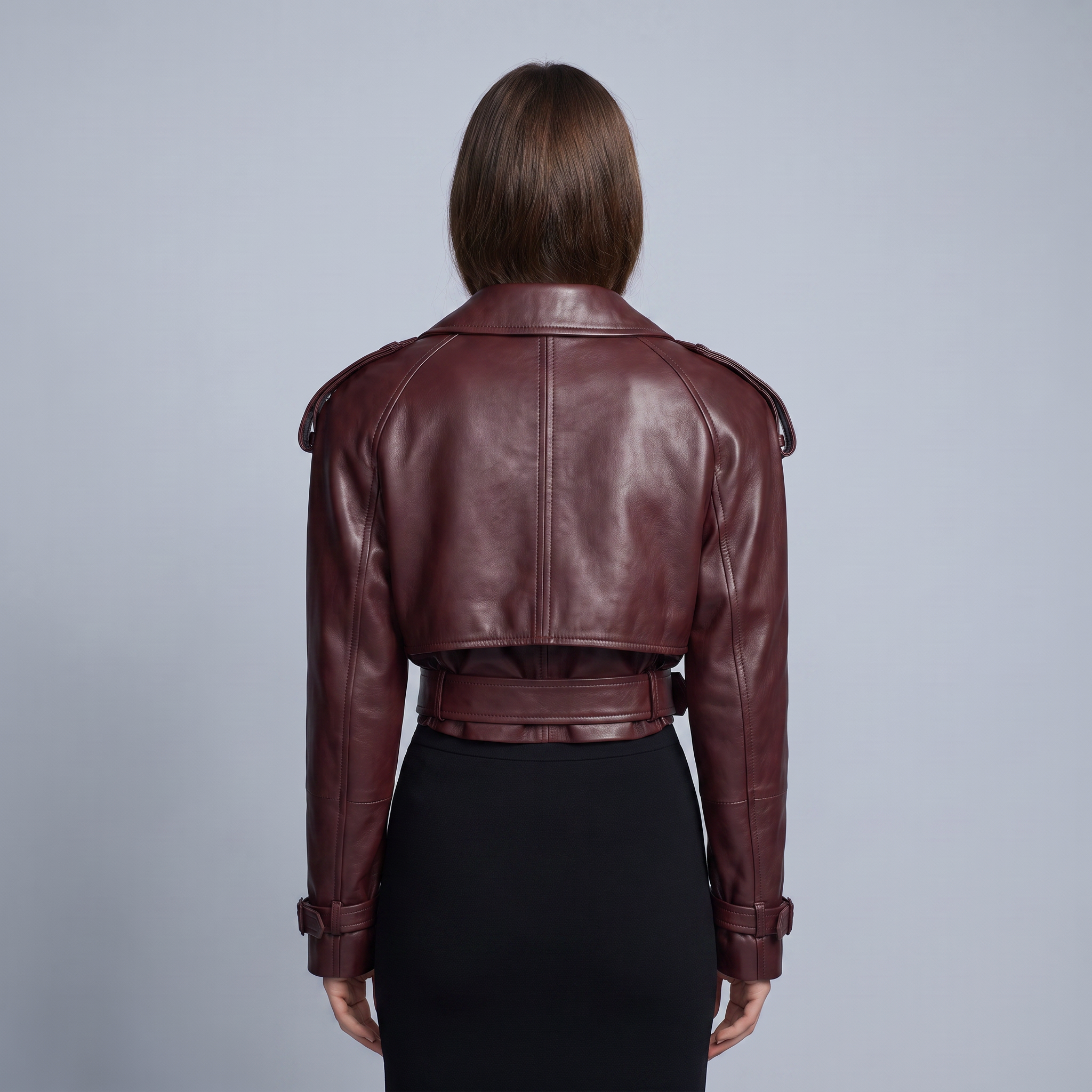 Women’s Short Brown Leather Jacket with Belt and Lapels