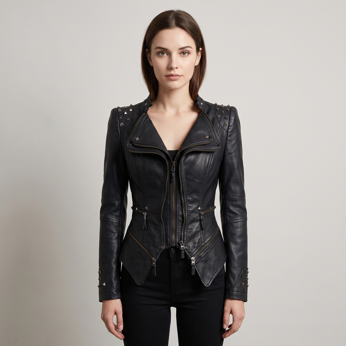 Women’s Black Studded Peplum Leather Jacket
