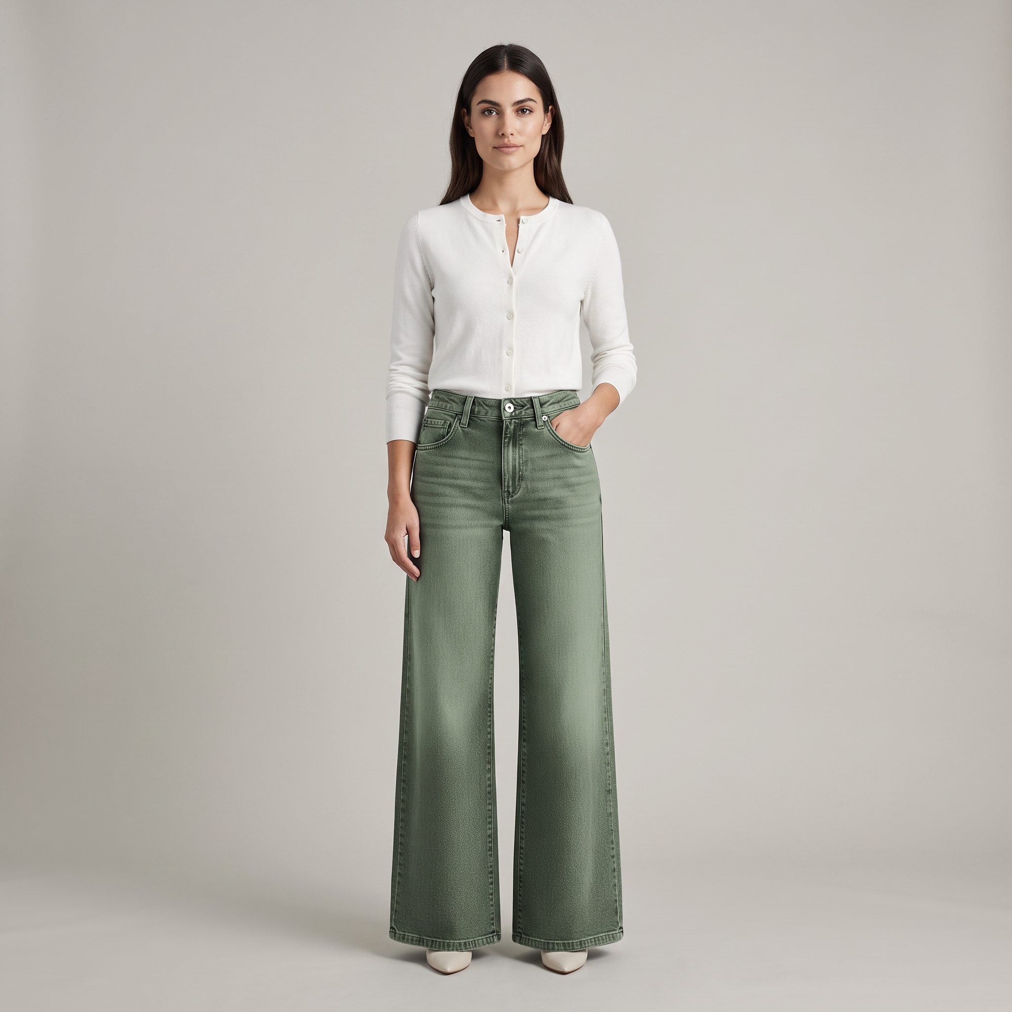Flare Jeans Women High Waist Wide Leg Military Green